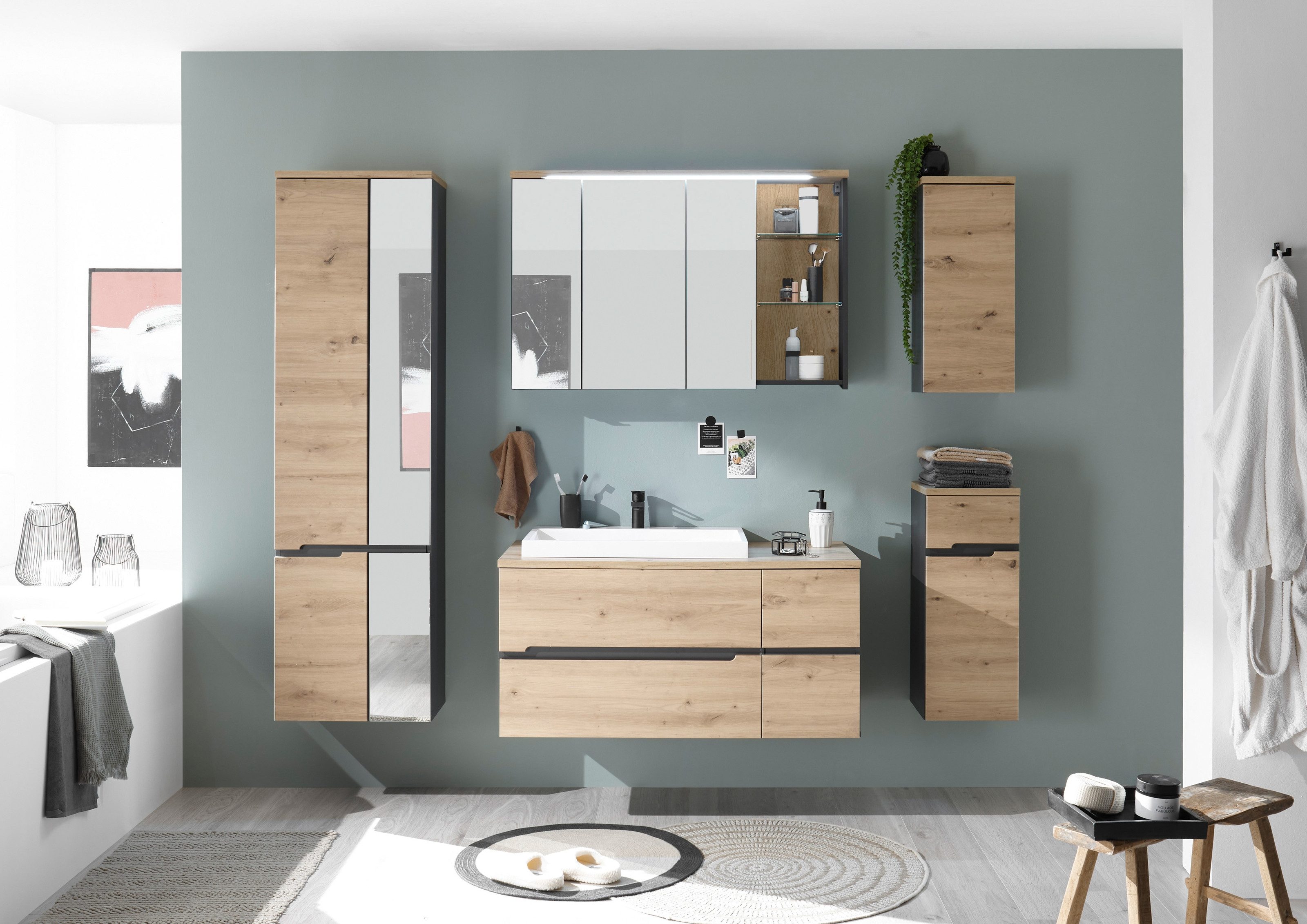 PREISBRECHER Badezimmer-Set Memphis, (Hängeschrank), (5-tlg) Grau / Artisan Eiche Dekor - 230x176x53 (BxHxT)