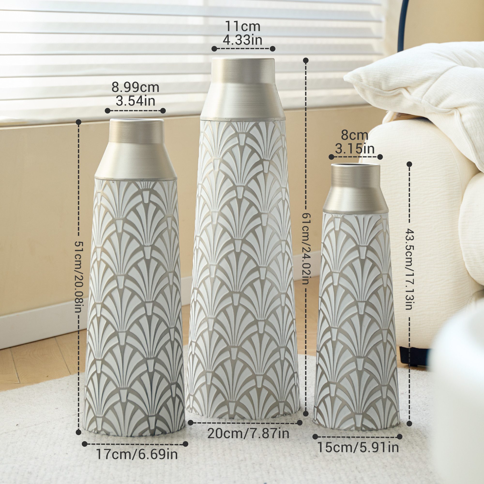 KLAM HOME Bodenvase Große Bodenvase 3er Set aus Metall, (50/65/83 cm), Mid-Century Modern (Dekovase Boden bis zur Decke reichende Vase, hohe dekorative Vase), Vintage Deko, Dekorative Vase für Wohnzimmer, Flur und Schlafzimmer