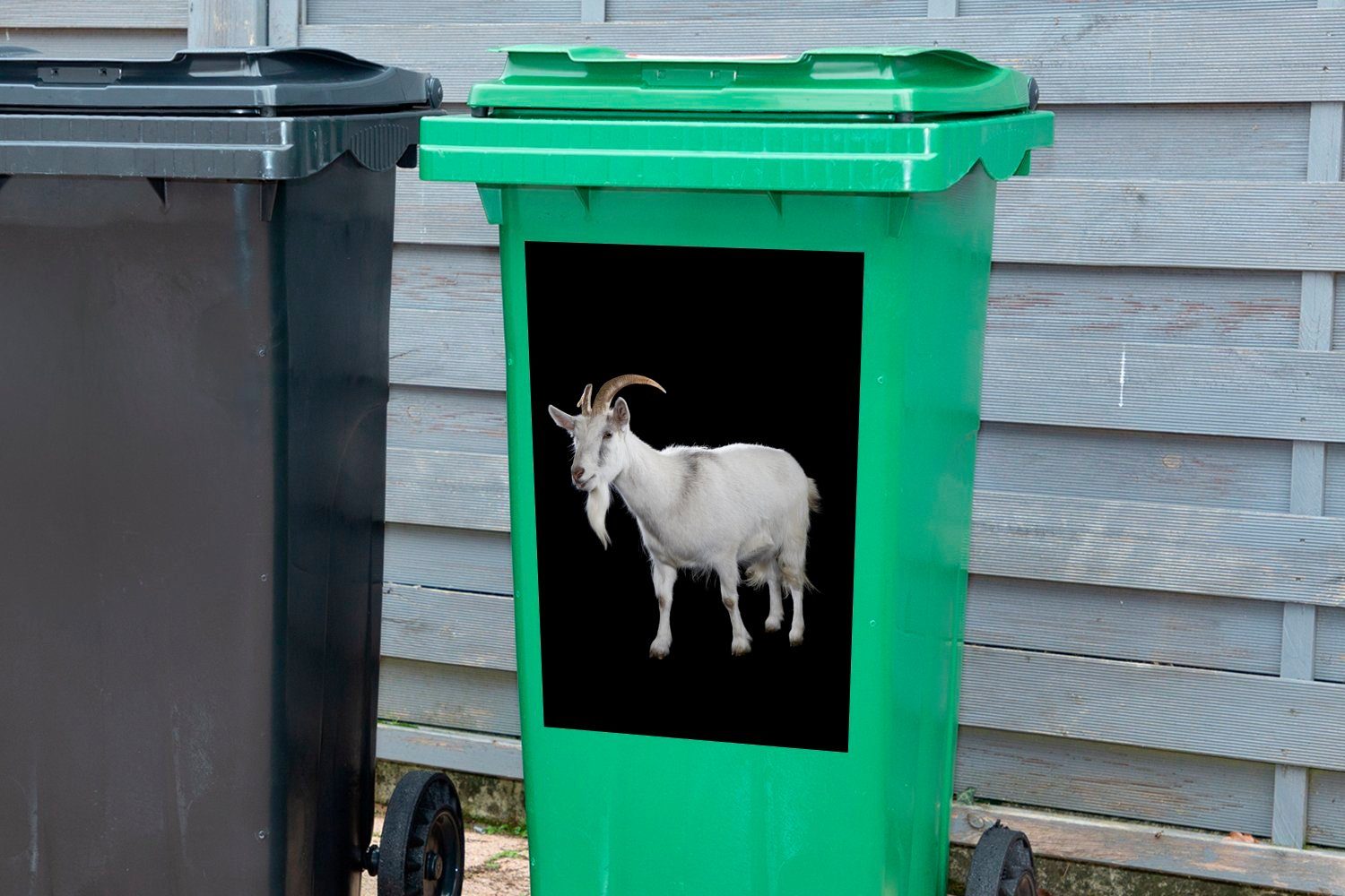 MuchoWow Wandsticker Weiße Ziege St), Abfalbehälter Mülltonne, Mülleimer-aufkleber, schwarzem Sticker, auf Hintergrund Container, (1