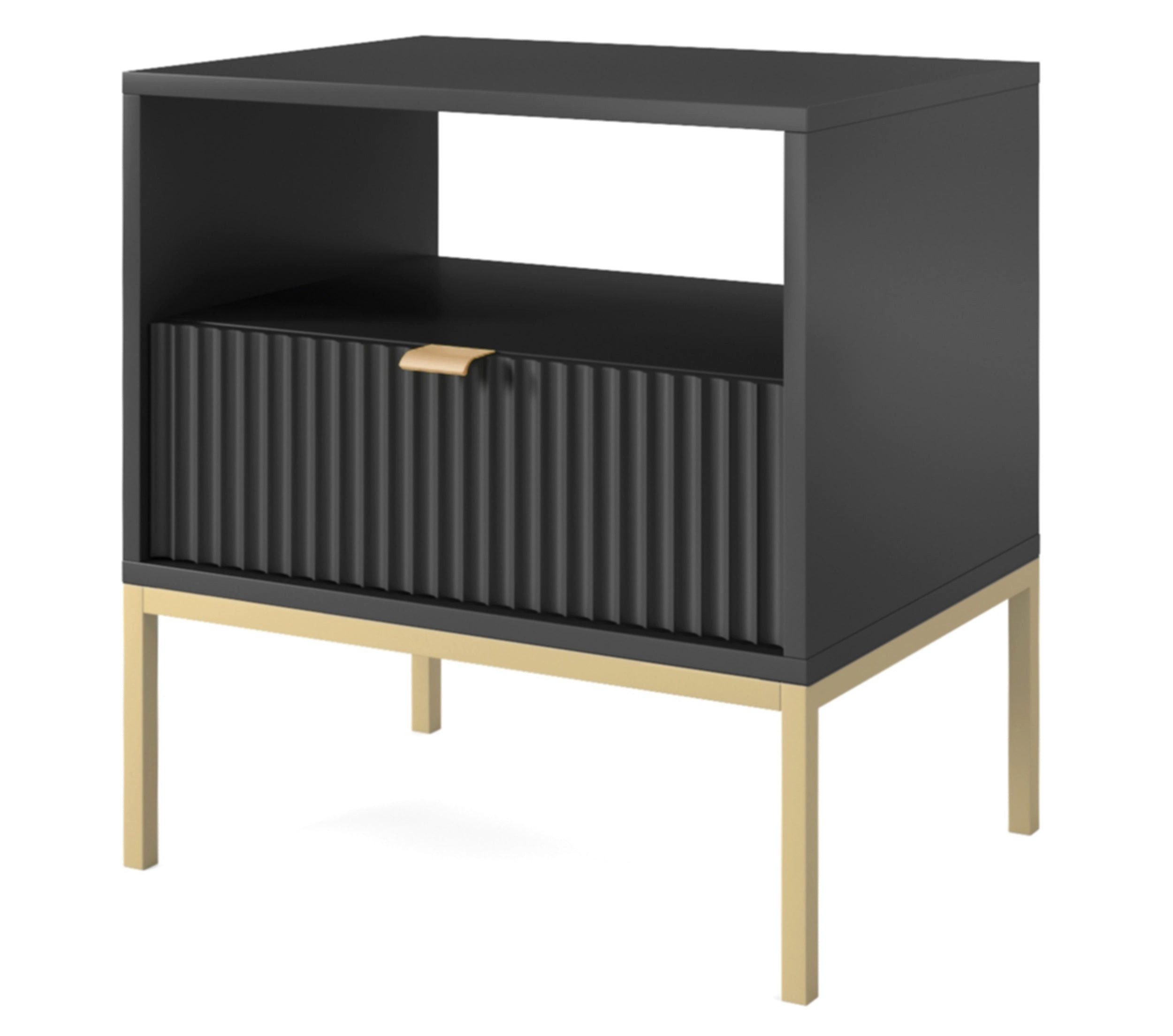 Selsey Nachttisch VELLORE, Schublade, offenes Fach, goldene Metallbeine, 54 cm