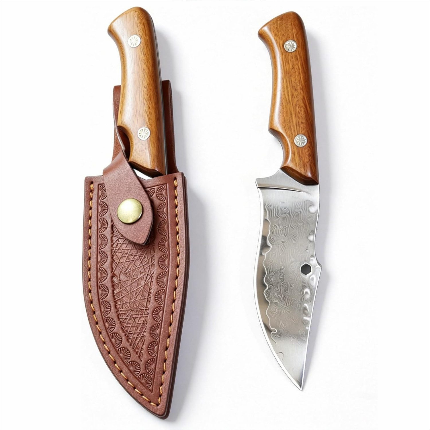 KingLux Jagdmesser Damastmesser Feststehende Klinge Jagdmesser Mit Lederscheide, (1 St)