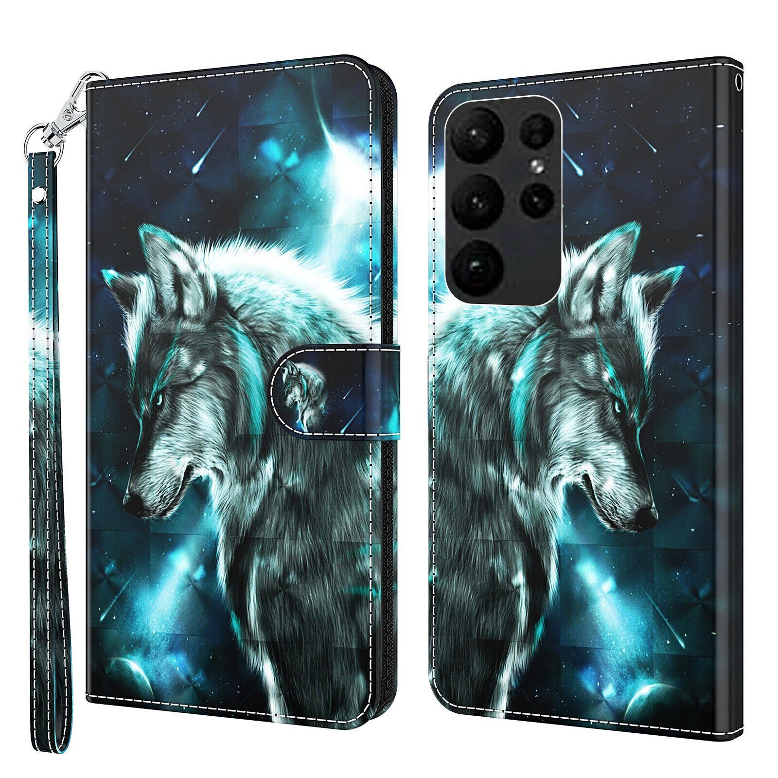 CLM-Tech Handytasche Hülle für Samsung Galaxy S23 Ultra 5G Tasche aus Kunstleder Klapphülle (Wolf blau schwarz, Handyhülle Wallet Flip Case Cover Etui), Standfunktion, Kartenfächer, Magnetverschluss