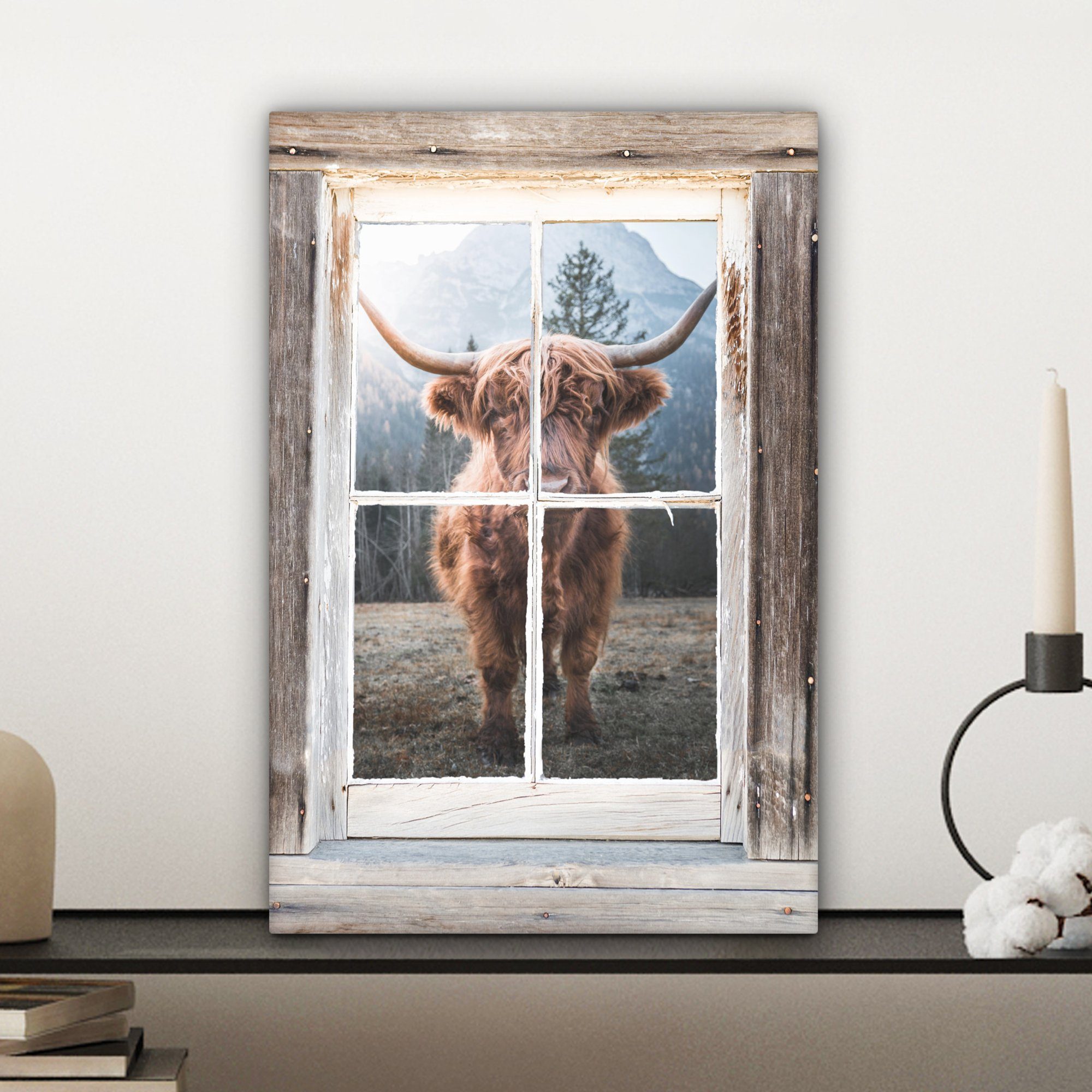 OneMillionCanvasses® Leinwandbild Schottischer Highlander Ansicht, bespannt St), - inkl. 20x30 (1 Leinwandbild Gemälde, Kuh fertig cm - Zackenaufhänger