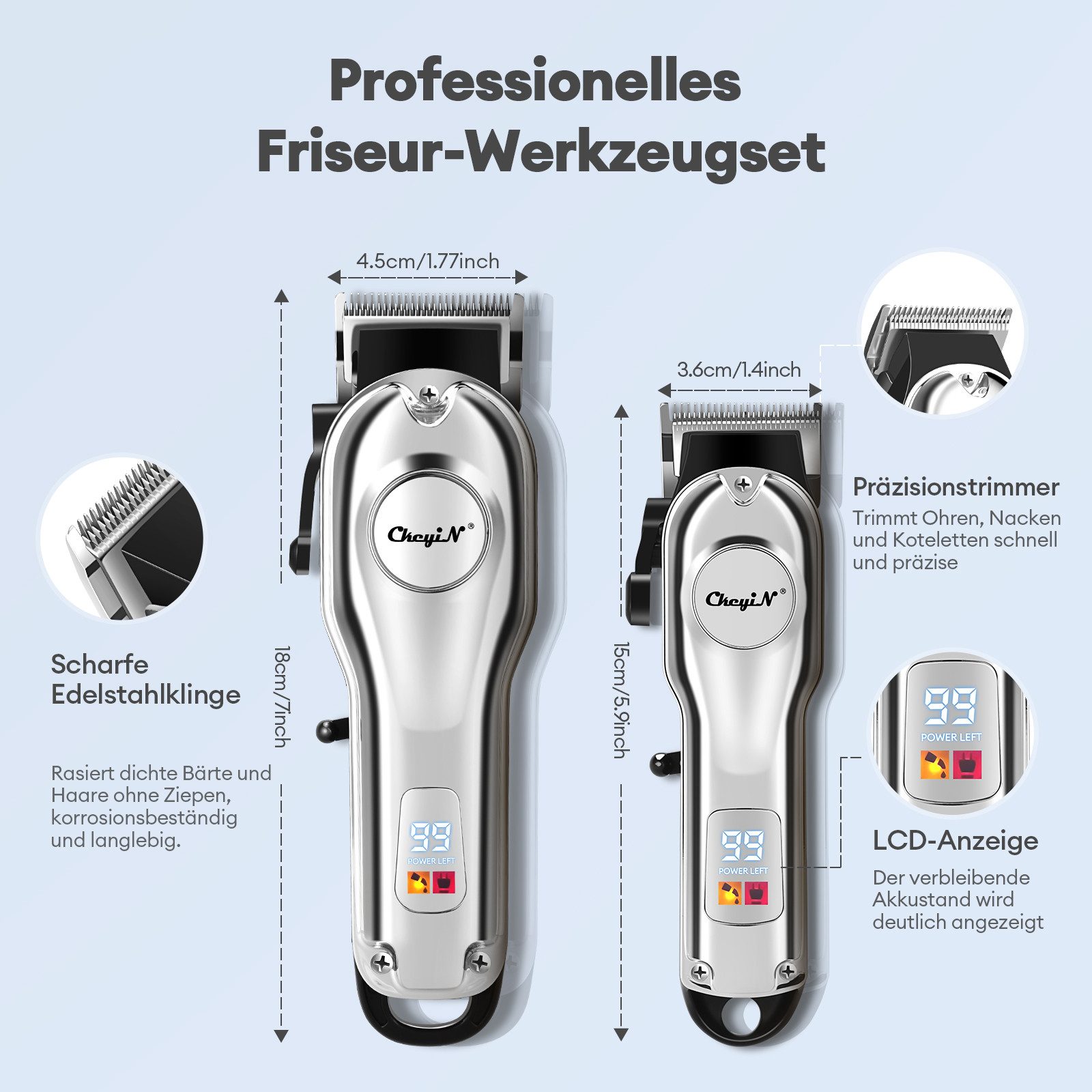 CkeyiN Haar- und Bartschneider Haarschneidemaschine Profi Haarschneider Barttrimmer-Set für Herren, mit LED-Anzeige Edelstahlklinge Lange Akkulaufzeit – Bild 3 von 5