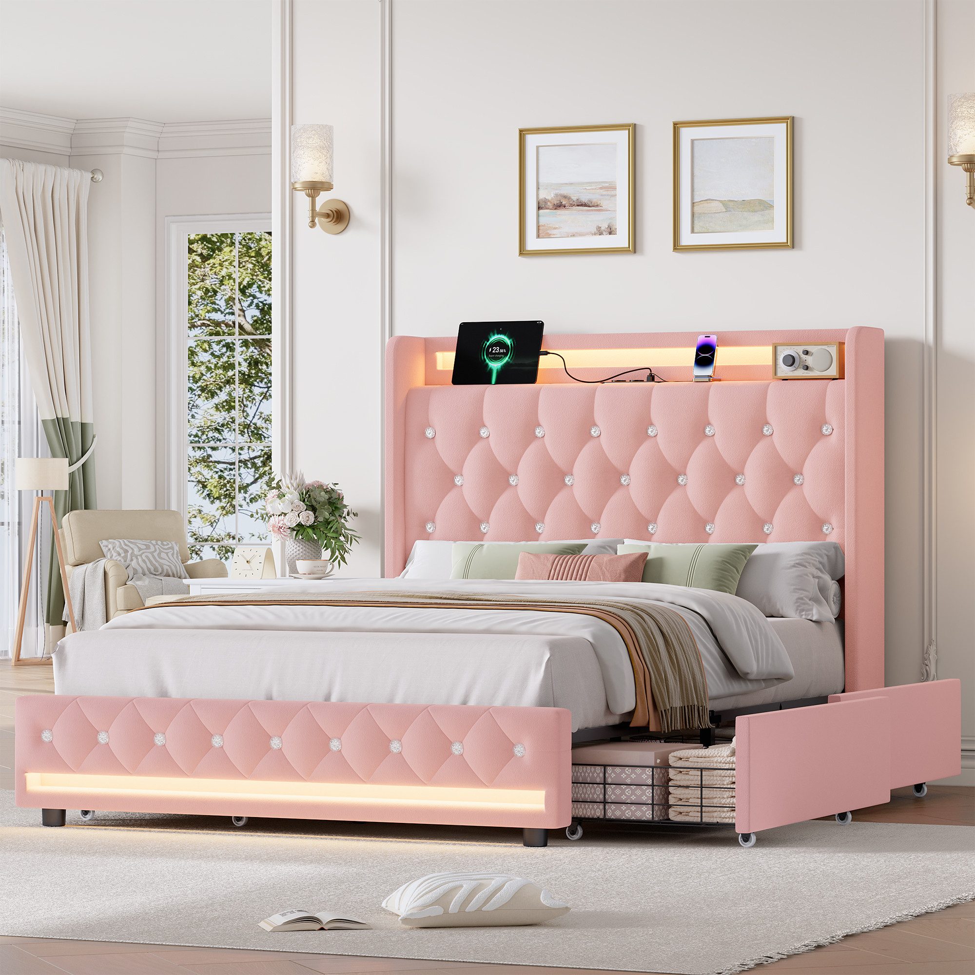 Homfa Polsterbett Doppelbett 140x200 Stauraumbett, mit Ladefunktion und 4 Schubladen, LED-Beleuchtung, Samt Rosa