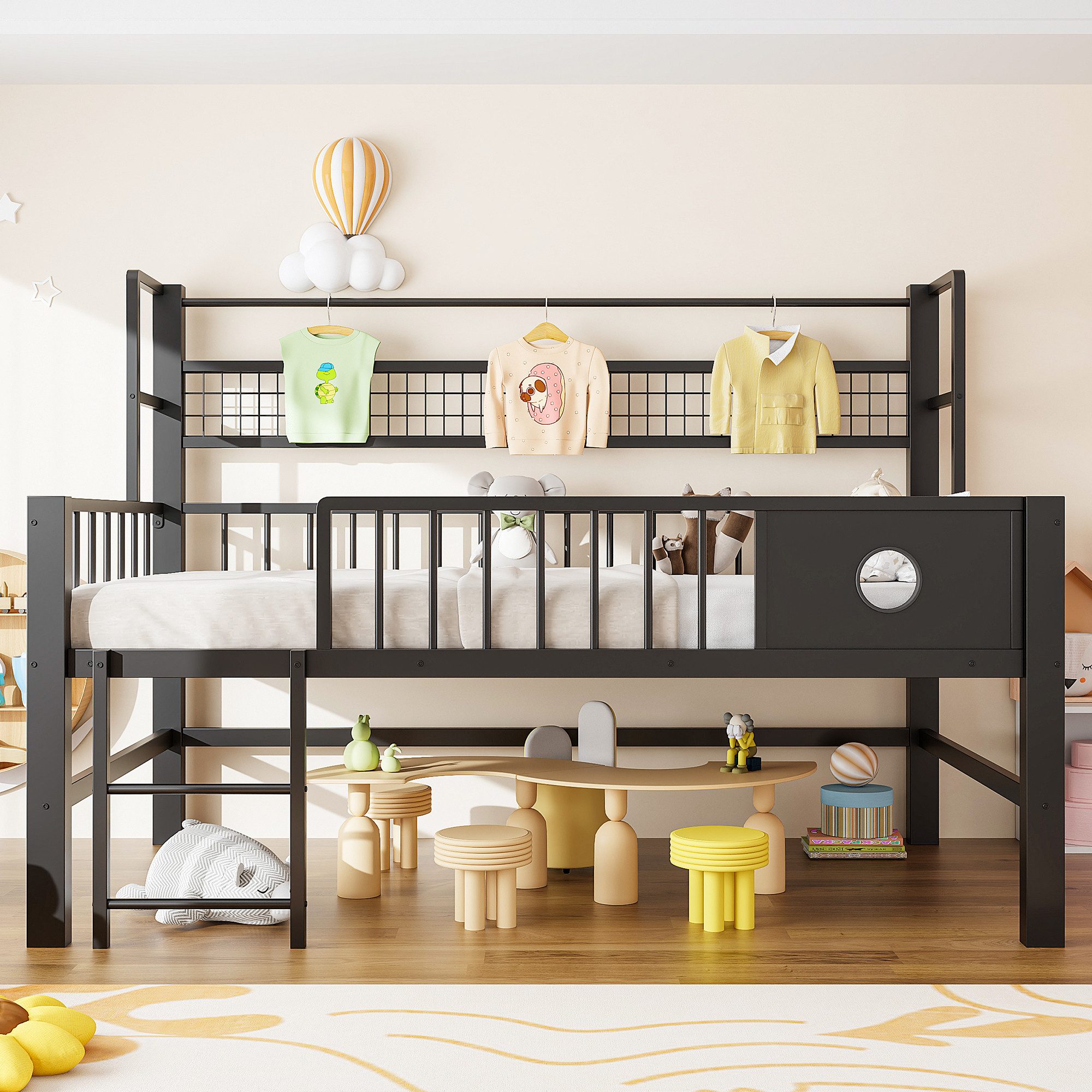 Flieks Kinderbett, Niedriges Hochbett Metallbett 90×200cm mit Netzregal Kleiderstange