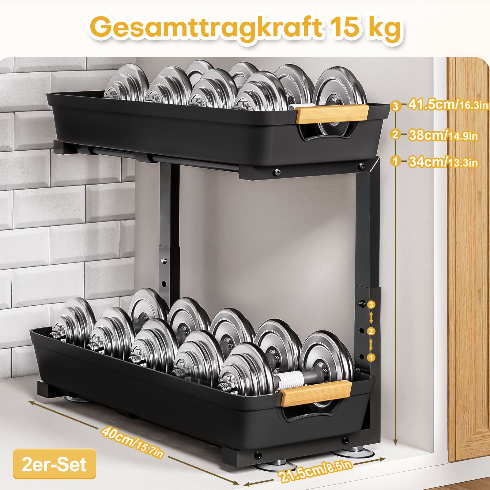 Yorbay Ablageregal Küchenregal 2er Set,Waschbecken Regal, Küchenschrank Organizer,Schwarz, Höhenverstellbarer Schubladenschrank für Küche & Bad