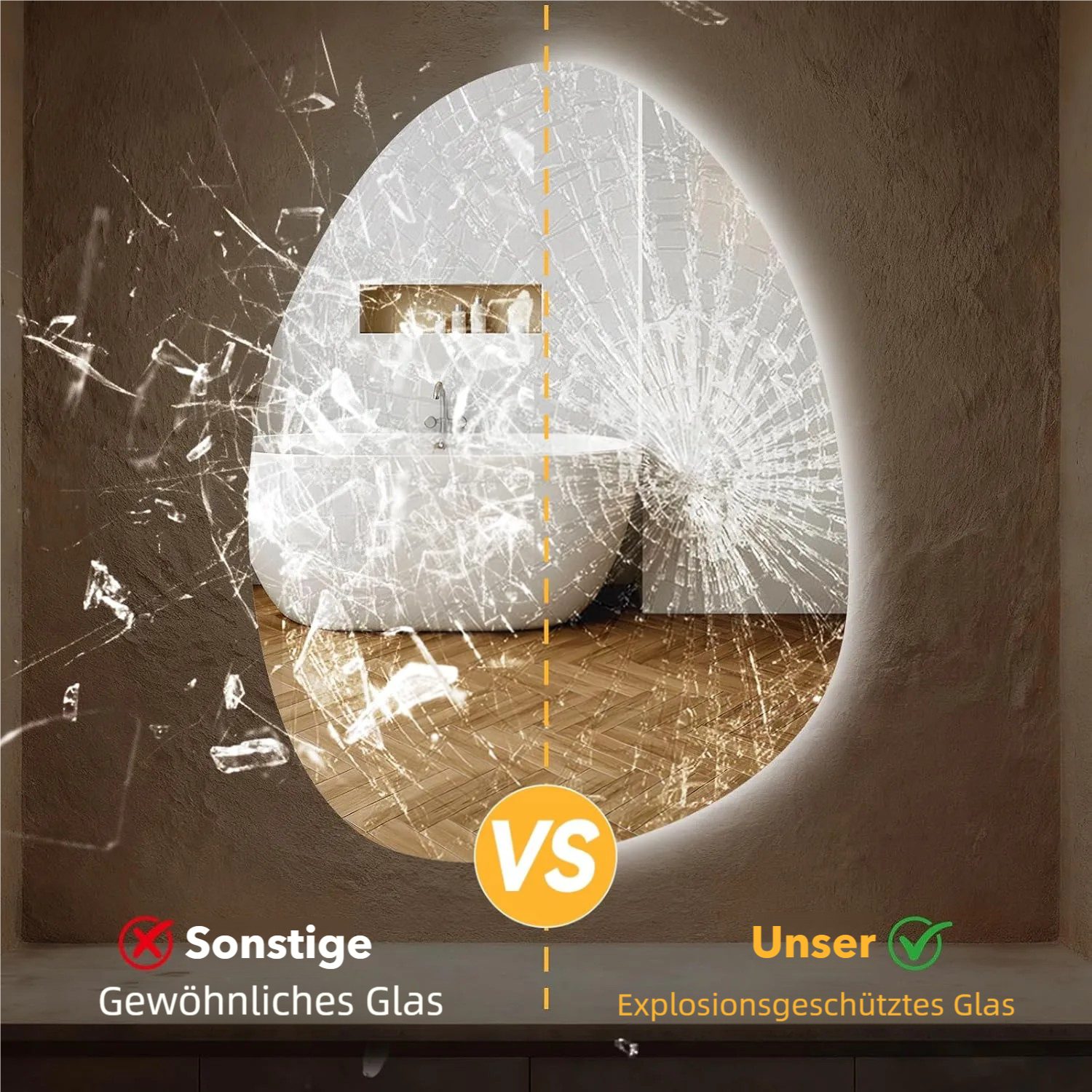 TLGREEN Badspiegel mit Beleuchtung,wandspiegel,Asymmetrisch Dekospiegel, (LED Spiegel mit 3 Lichtfarben dimmbar, gehärtetes Glas, Touch-Schalter, Memory-Funktion), beschlagfrei, moderner Badezimmerspiegel mit Licht