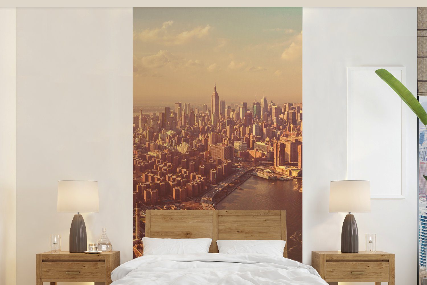 MuchoWow Fototapete New York - Skyline - Gold, Matt, bedruckt, (2 St), Vliestapete für Wohnzimmer Schlafzimmer Küche, Fototapete