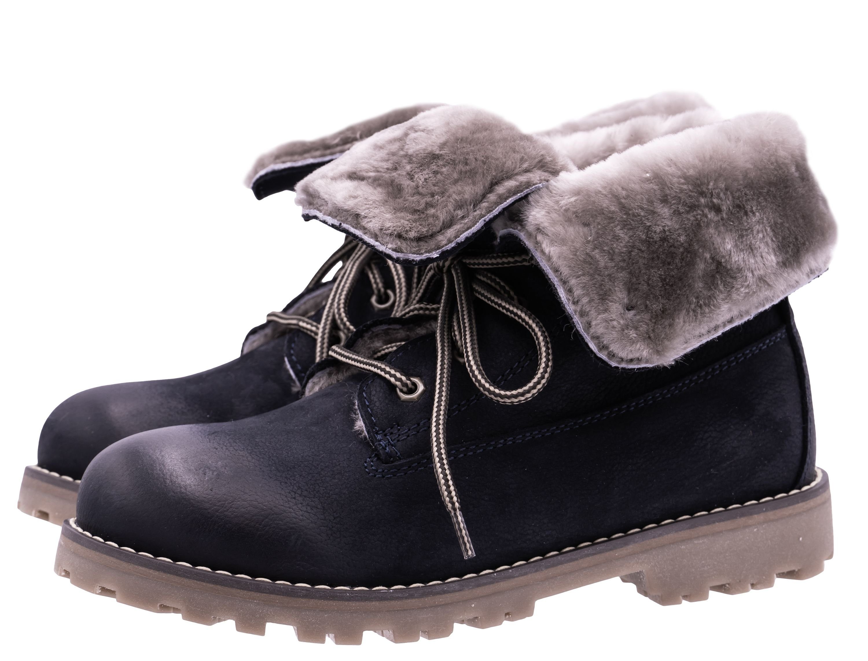 Stiefel Mädchen 9868 Winterschuhe Leder Lammfell Blau Schnürstiefelette