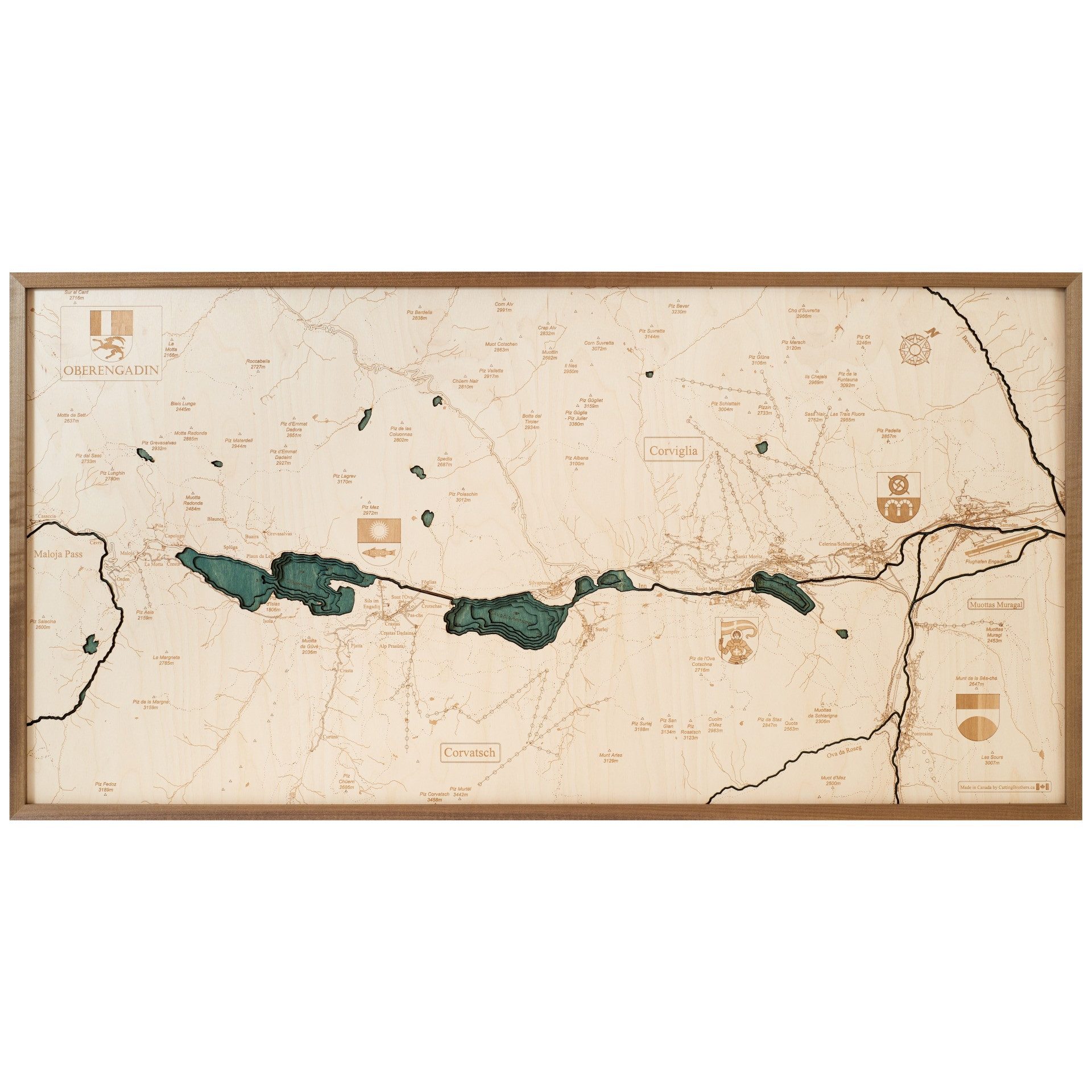 Cutting Brothers Holzbild Oberengadin St. Moritz 122x61 cm, 3D Holz-Wandkarte, handgefertigt aus Echtholz
