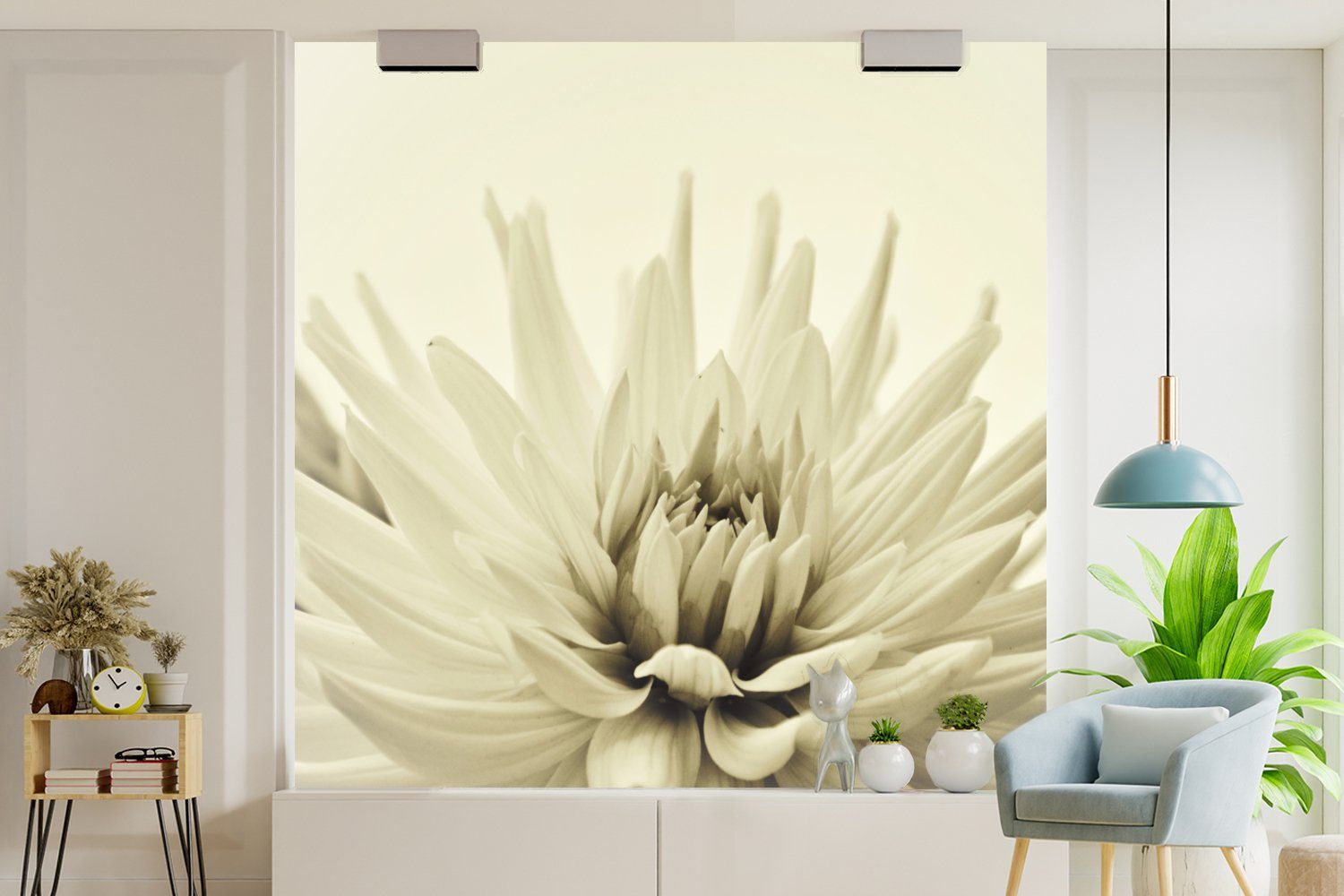 MuchoWow Fototapete Weiße Dahlienblüte Sepia-Fotodruck, (4 St), Matt, bedruckt, Fototapete Schlafzimmer für Vliestapete Wohnzimmer Küche