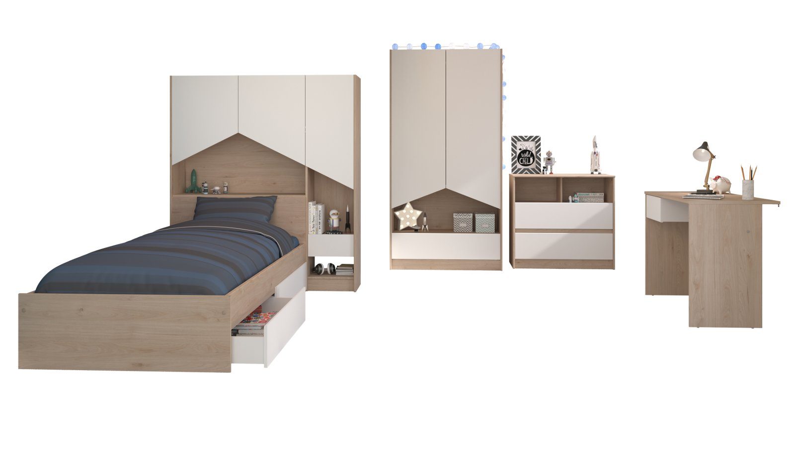 Shelter, Jugendzimmer-Set weiß Eiche, Parisot (Kinderzimmer mit 7-teilig), viel und Komplett-Set Stauraum in