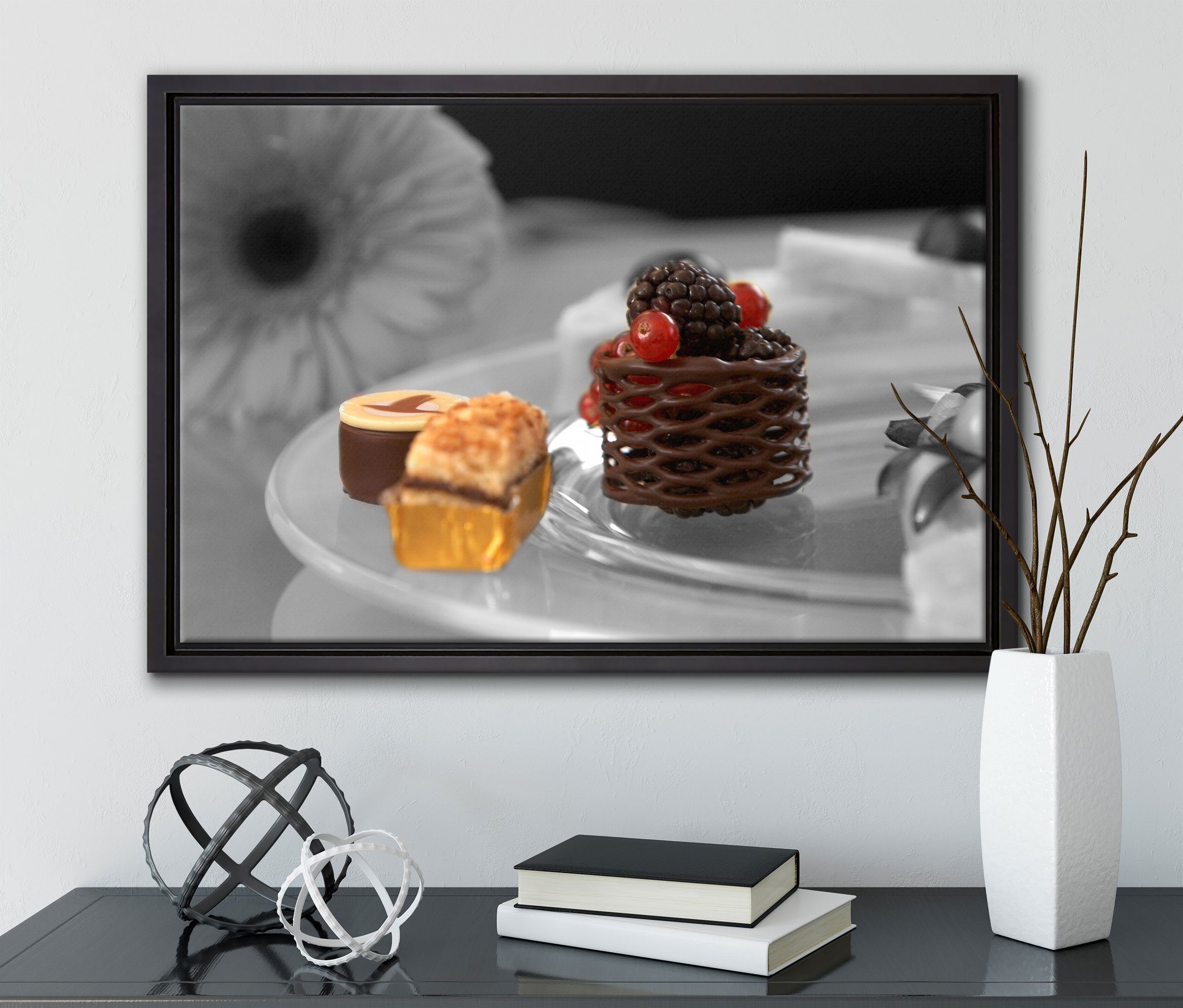 einem inkl. bespannt, Zackenaufhänger Wanddekoration Desserts, Schattenfugen-Bilderrahmen Leinwandbild gefasst, Leinwandbild fertig in appetitliche (1 süße Pixxprint St),