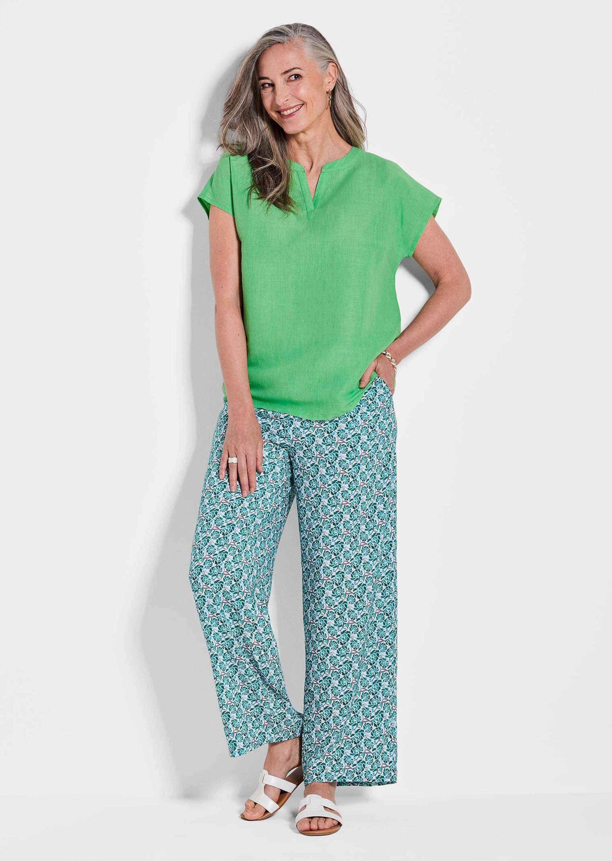 GOLDNER Tunika Luftige Sommerbluse aus Leinenmix Sommerbluse aus kühlender Baumwoll-Leinen-Mischung, V-Ausschnitt