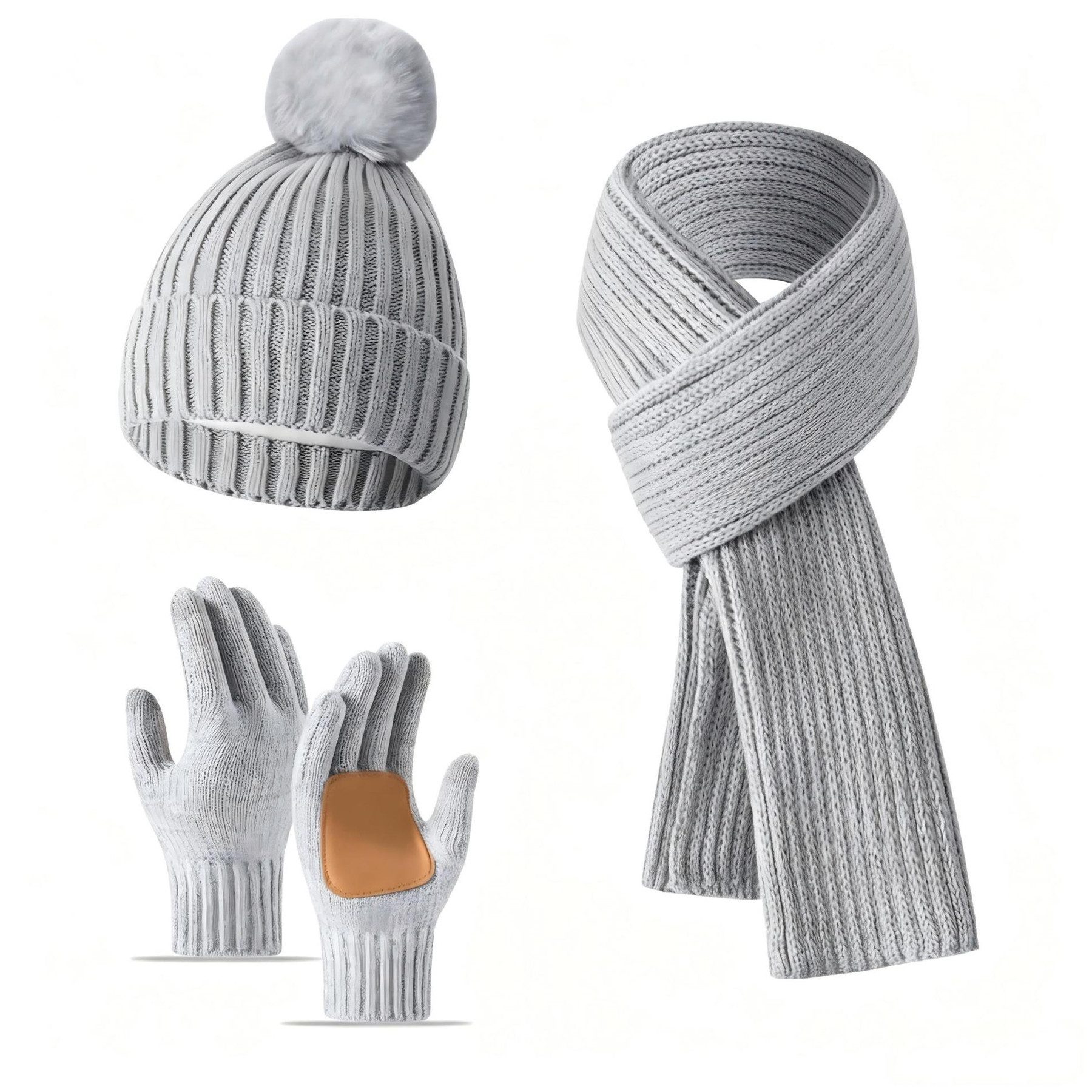 Mutig Mütze & Schal Mütze, Schal & Handschuh-Set für Damen, Beanie Mütze Damen (Winter mit Bommel, Fleece gefüttert, Schal Wärmer, Touchscreen Handschuhe, warme Damen Mütze, Winter Set) 3 in 1 Set, Damen Wintermütze mit Schal und Handschuhen