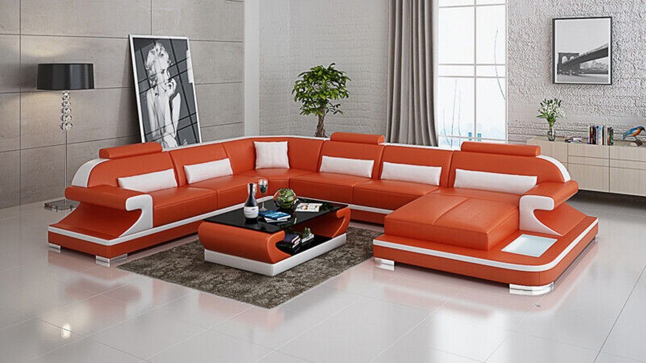 JVmoebel Ecksofa USB Wohnlandschaft Ecksofa Ledersofa Couch Orange mit Sofa Modern Garnitur