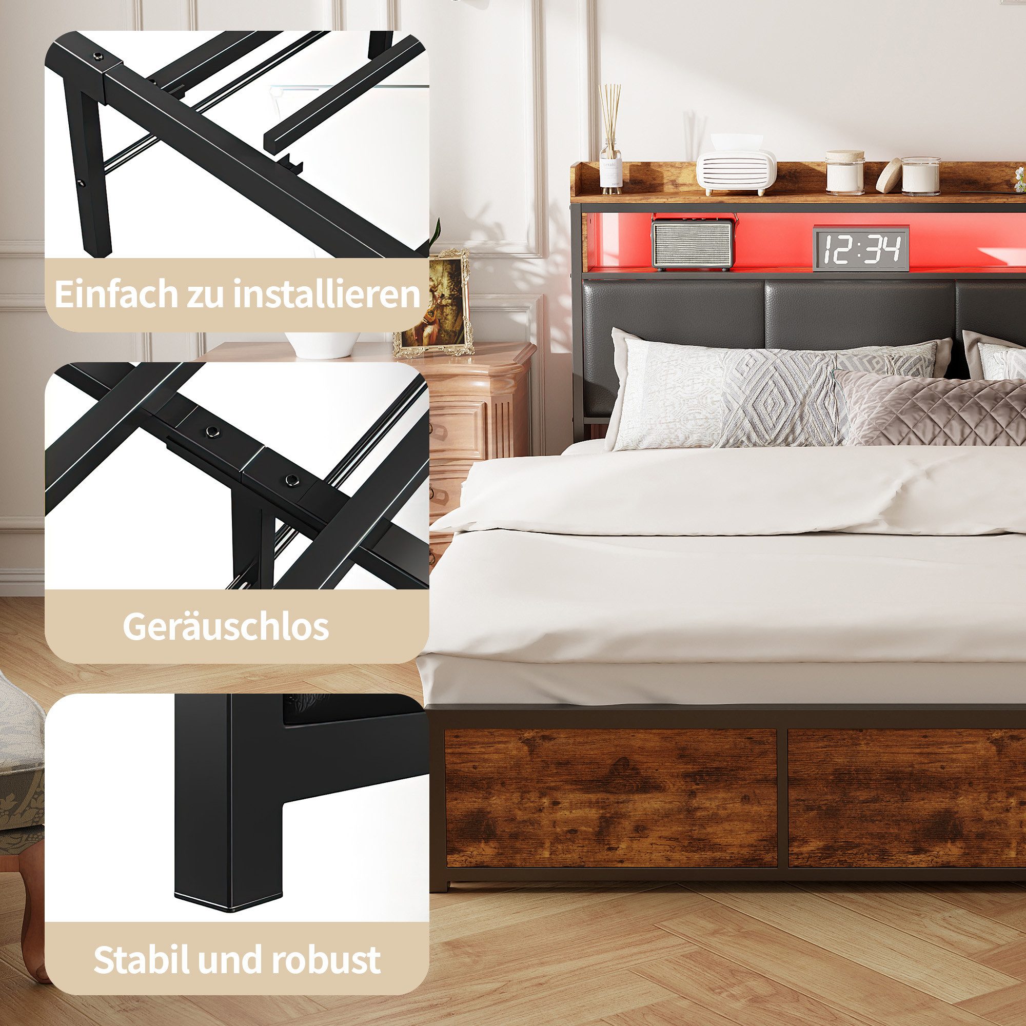 Simurq Bettgestell Doppelbett 180x200 cm mit 4 Schubladen (Set, 1-tlg) (Polsterbett 180x200 mit LED Beleuchtung,Ohne Matratze), Stauraumbett 160x200 mit Lattenr – Bild 5 von 5