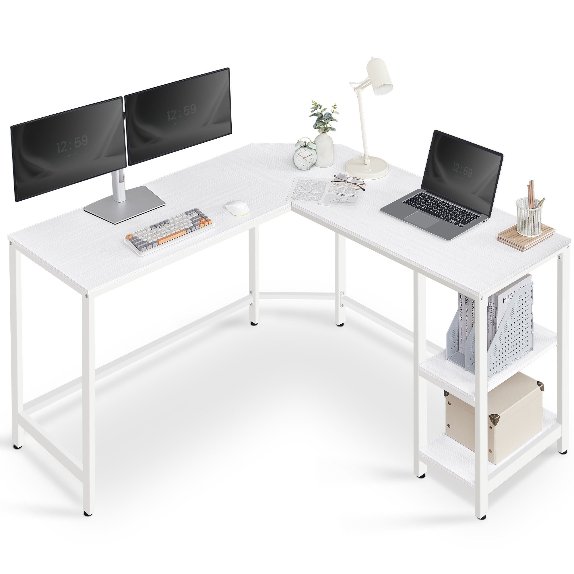 | Eckschreibtisch 2 Ablagen Computertisch, L-förm Weiß | VASAGLE Weiß Weiß Schreibtisch mit