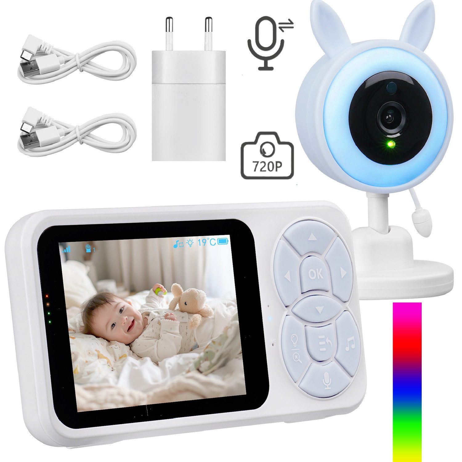 Welikera Babyphone 3.5" 720P Baby Monitor mit Kamera, Gegensprechfunktion, Nachtsicht, Weinen-Erkennung, RGB-Vollfarb-Nachtlicht, Fütterungserinnerung, VOX, Gegensprechfunktion, Temperaturüberwachung & Schlaflieder