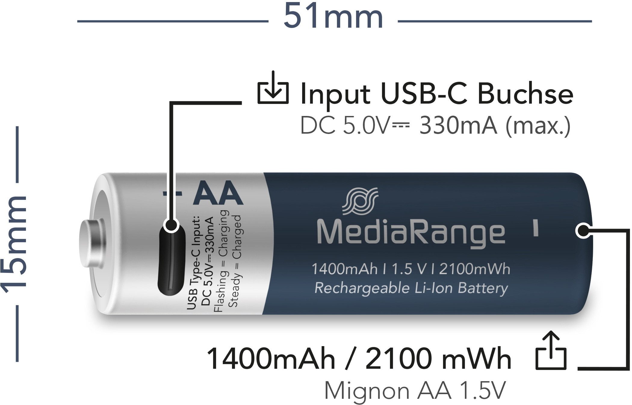 Mediarange 4 Akku AA mit USB-C Anschluss Li-Ion Mignon 1.5V 1.400mAh Ladekabel Akkupacks