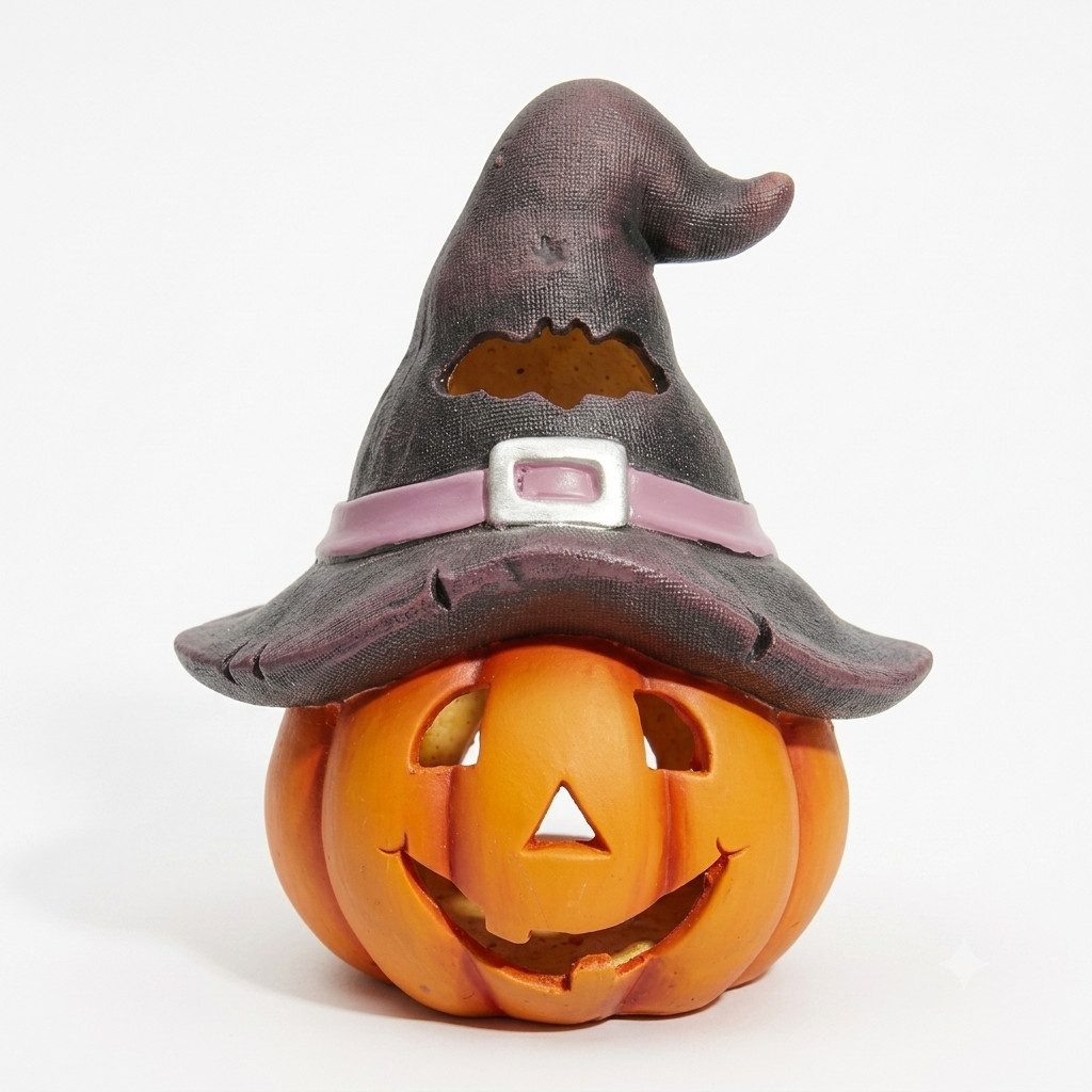 Home-trends24.de Dekofigur Kürbis groß Windlicht Pumkin Hexenhut Kürbiskopf Halloween 33 cm