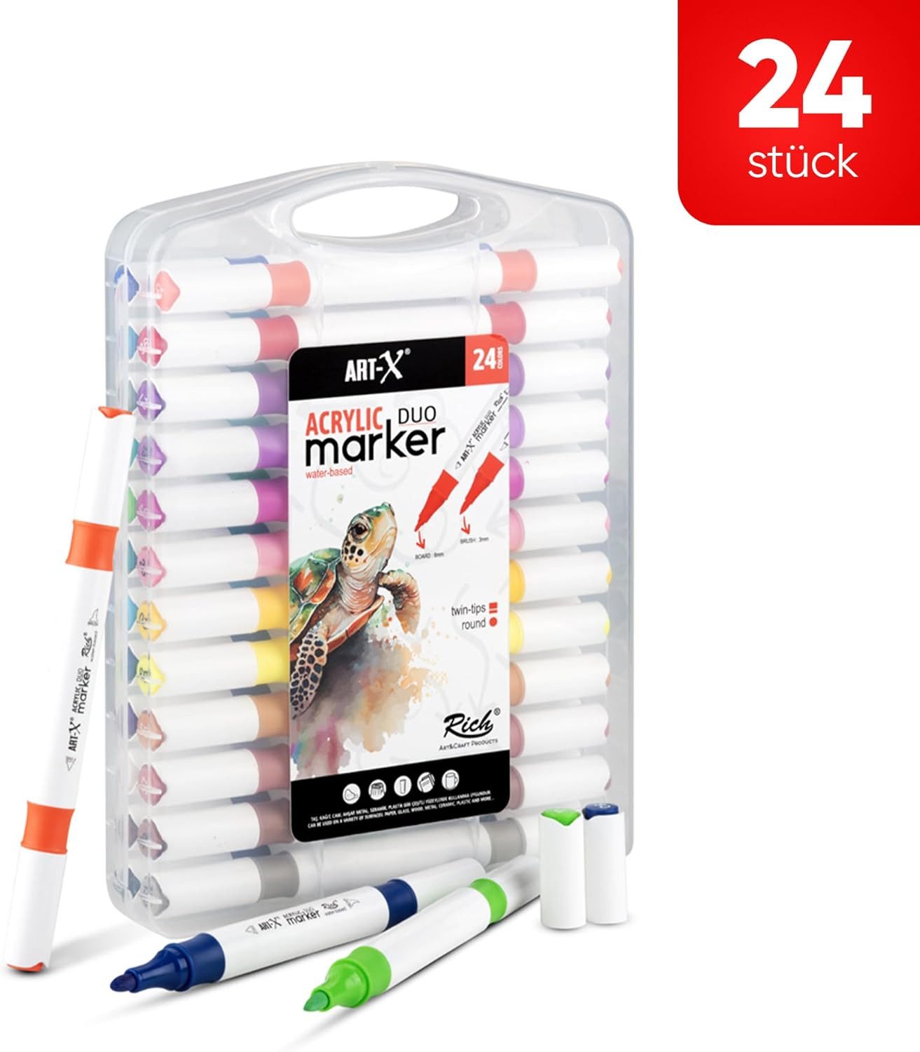 ART-X Marker Acryl Marker Set - 24 Farben, Doppelspitzen, Für Künstler & Hobby, (Doppelspitzen-Marker-Set, 24 Farben, doppelseitig mit feiner und breiter Spitze), Wasserbasis; Ungiftig; Schnelltrocknend; Doppelseitig