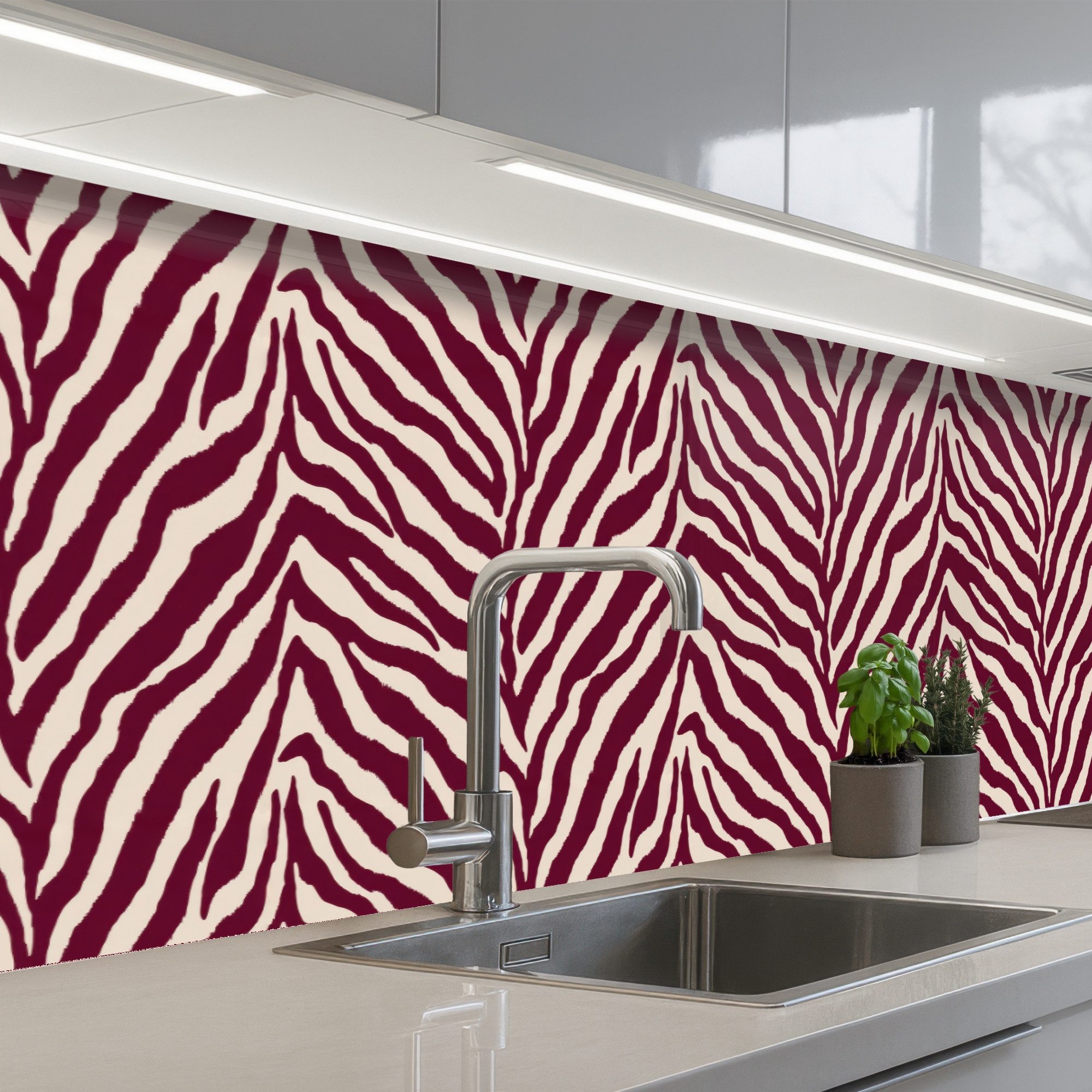 KitchenYeah Küchenrückwand selbstklebend (keine Folie) Zebra - Motiv - Bordeaux - Rot, (1-tlg), Spritzschutz, Küche, Rückwand, Küchenwand, Ohne Bohren, 250x80 cm