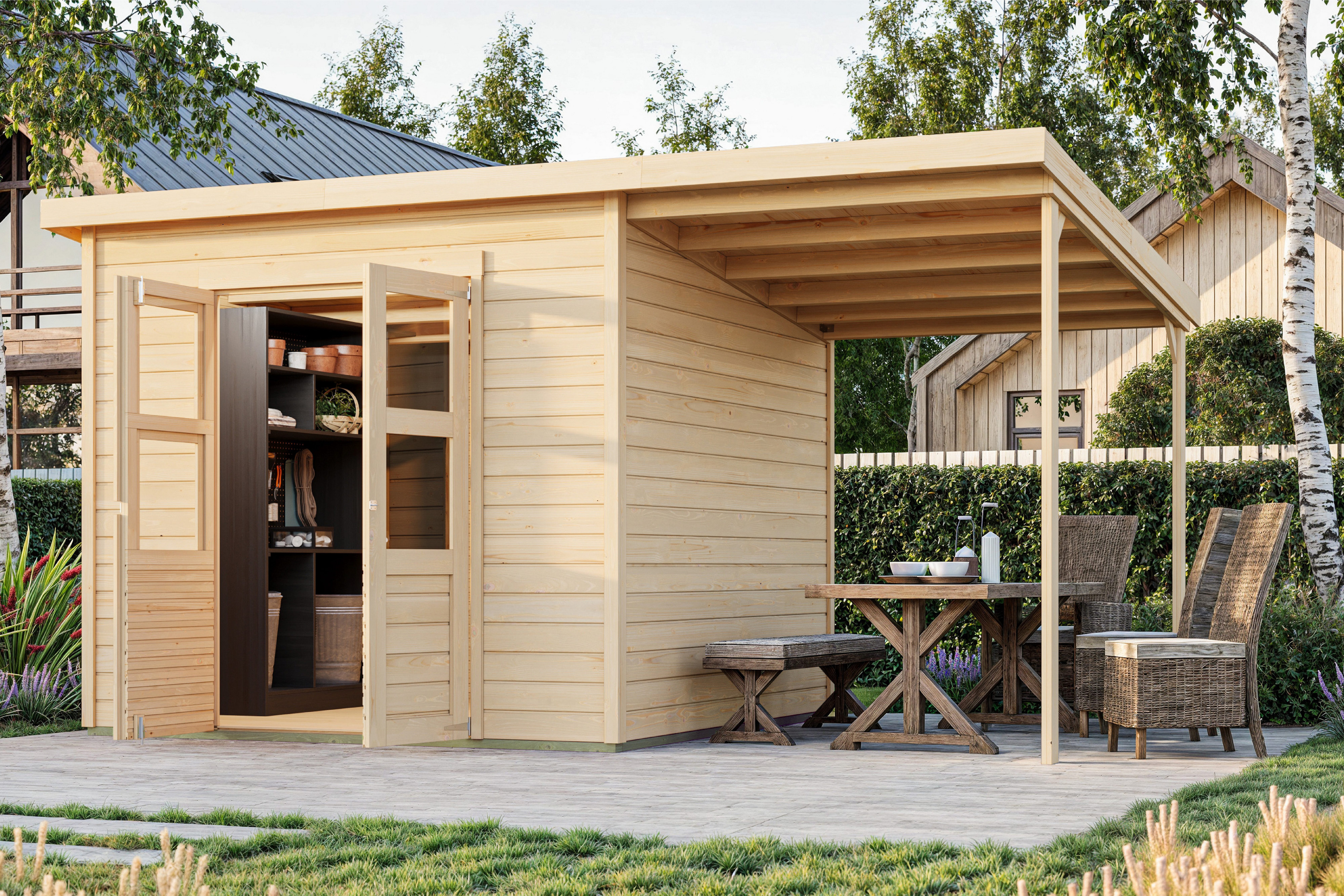 KONIFERA Gartenhaus Akamaru 6, BxT: 415x265 cm, (Set), inkl. Anbaudach