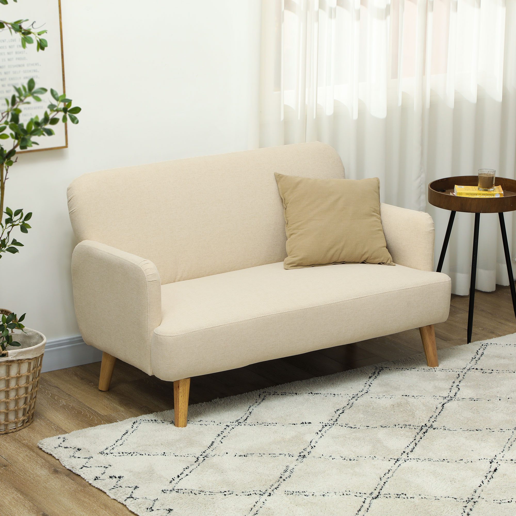 HOMCOM 2-Sitzer Kleine Couch mit Samtoptik, Holzbeine, Polstersofa mit Armlehne, Küchensofa 1 Teile, für Wohnzimmer, Schlafzimmer, 130 x 74 x 79 cm, Cremeweiß