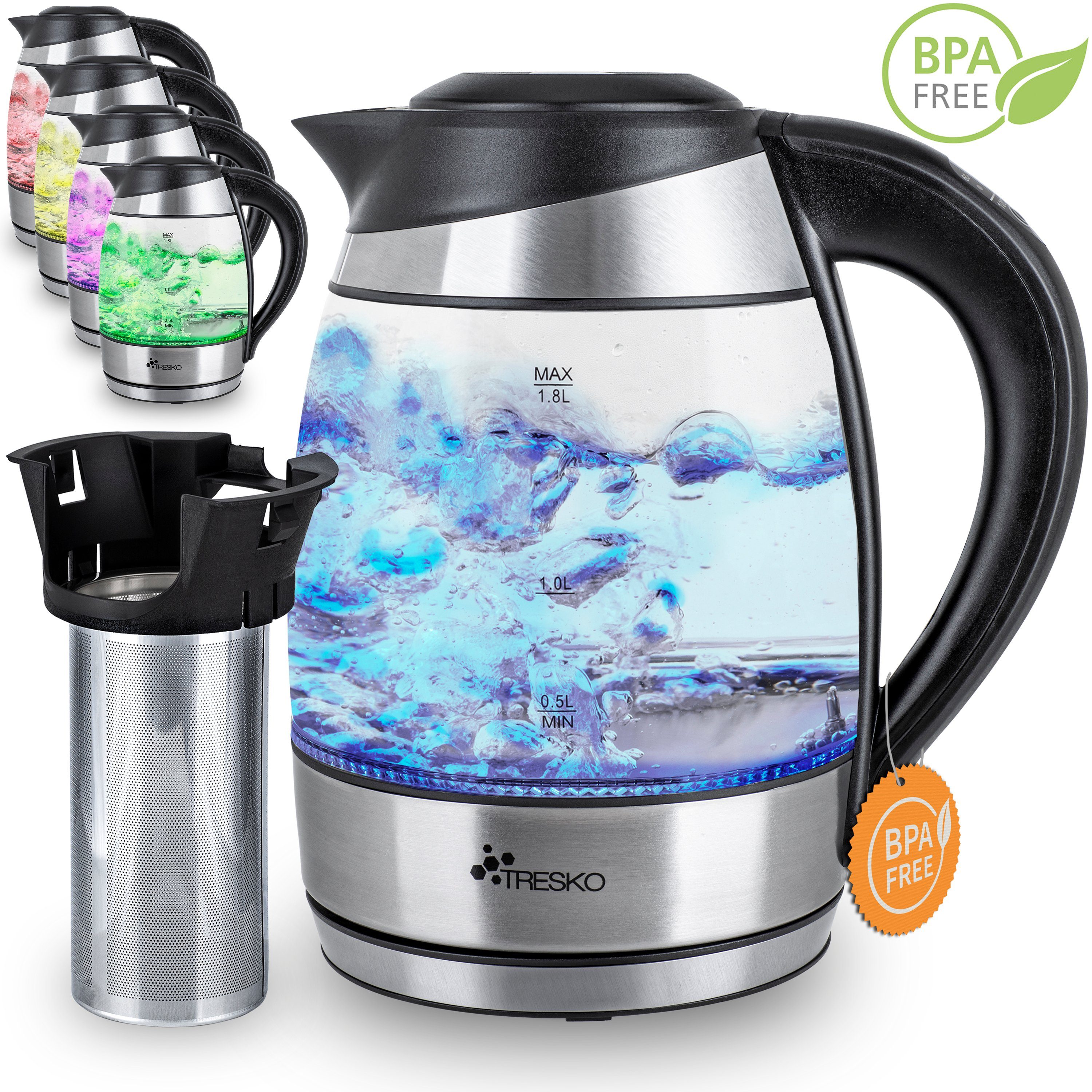 TRESKO Wasserkocher 1,8 l 2200 W Edelstahl aus Glas mit Teesieb und Kalkfilter, 1,8 l, 2200 W, Teekocher