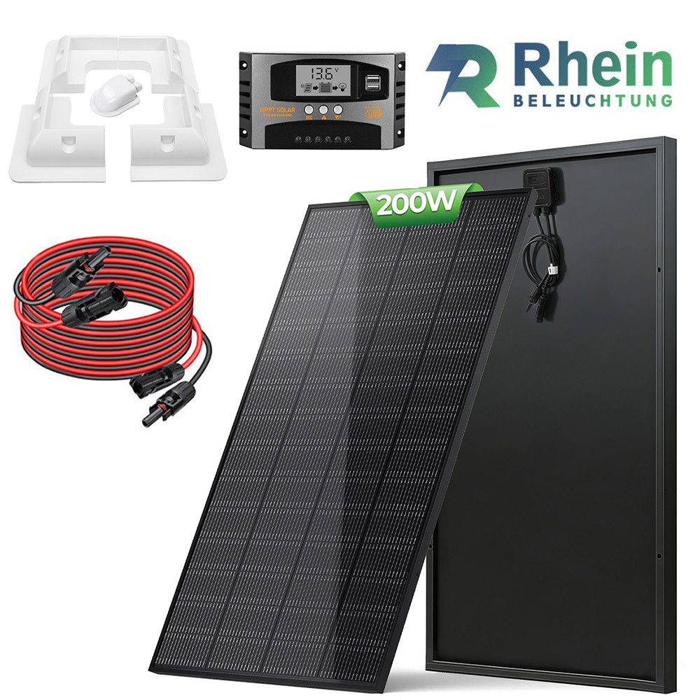 Rhein Beleuchtung Solarmodul 200W Solarpanel Set mit MPPT Regler, Kabel & Wohnmobil Halterung, 200 W, Topcon Monokristallin, (Set, 4-St., Mit 40A Regler, 3 m MC4 Kabel, Halterung für Wohnmobil), ETFE Topcon Modul, 25% Wirkungsgrad, bohrfreie ABS Montage