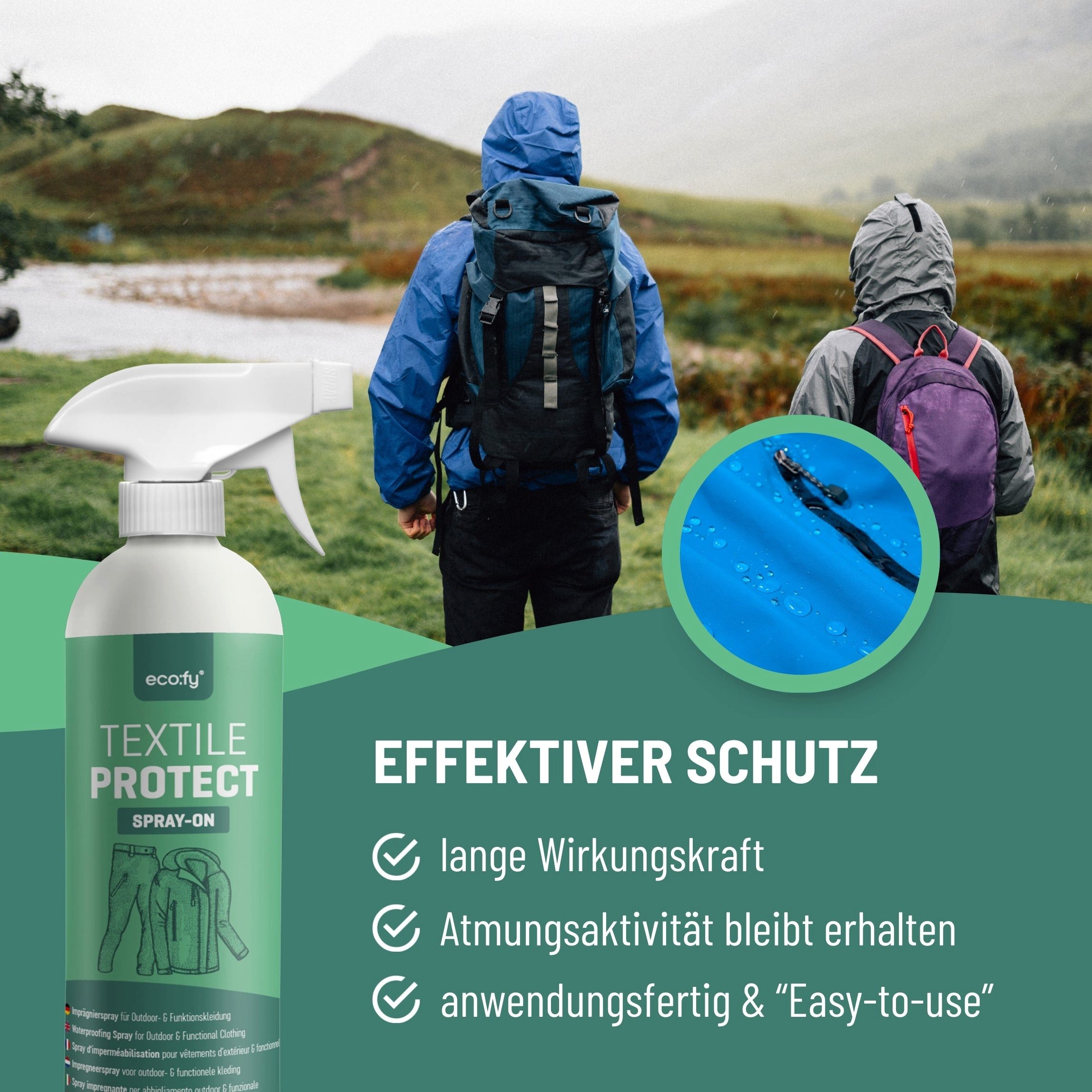 eco:fy Outdoor- & Funktionskleidung-Imprägnierspray Imprägnierspray (1 St), Starker Schutz vor Wasser, Fett und Schmutz