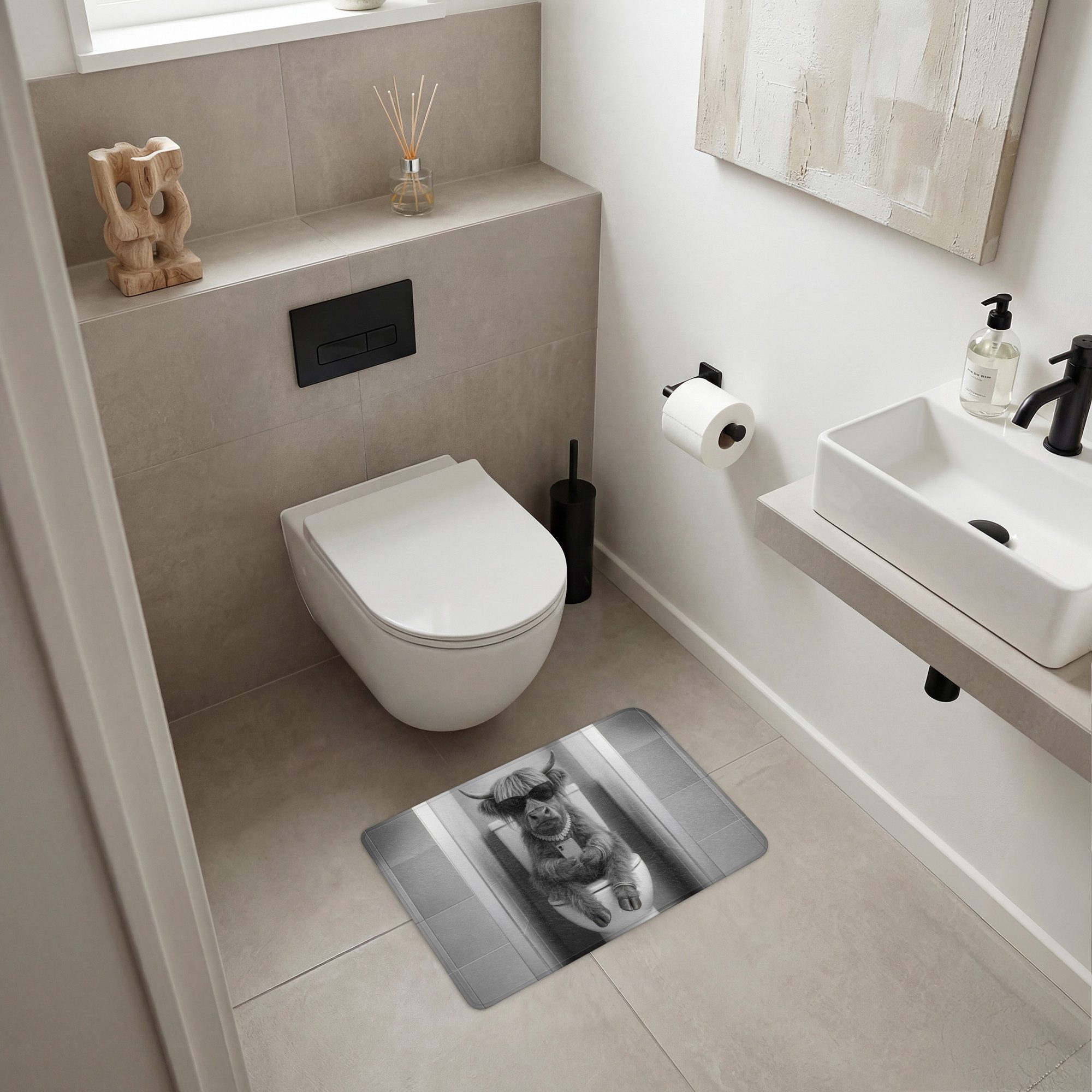 OnlyWow WC-Vorleger Taurus - Telefon - Toilette - Schwarz - Weiß, Höhe 10 mm, Polyester, Rechteckig, WC Teppich, Toilettenvorleger, Toilettenteppich, Badematte  – Bild 2 von 5