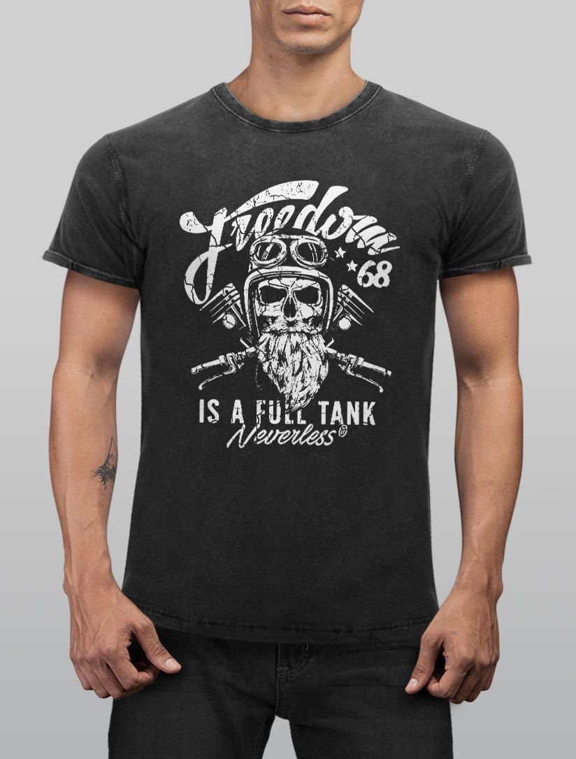 Print-Shirt Biker Slim Look Used Aufdruck Vintage Cooles schwarz Neverless® Print Spruch Neverless Motiv mit Totenkopf Herren T-Shirt Fit Angesagtes Shirt