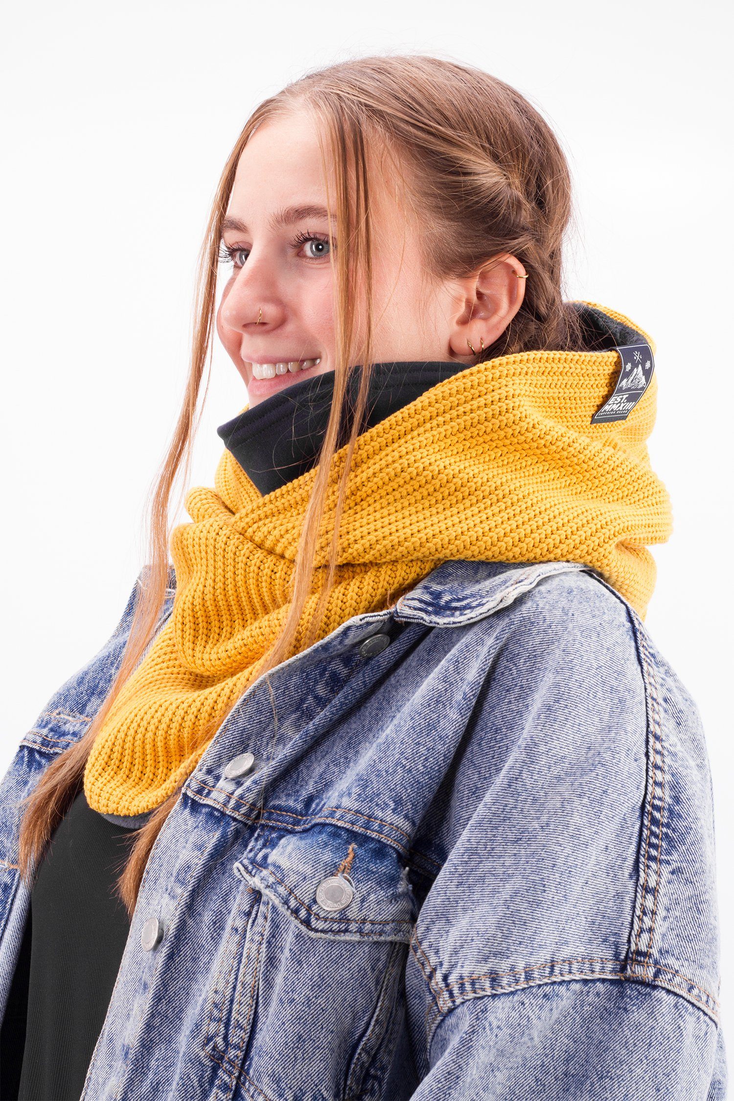 Hooded Windbreaker Knit Loop Kapuzenschal, Manufaktur13 mit Modeschal Mustard Strickschal, - integriertem Schal,