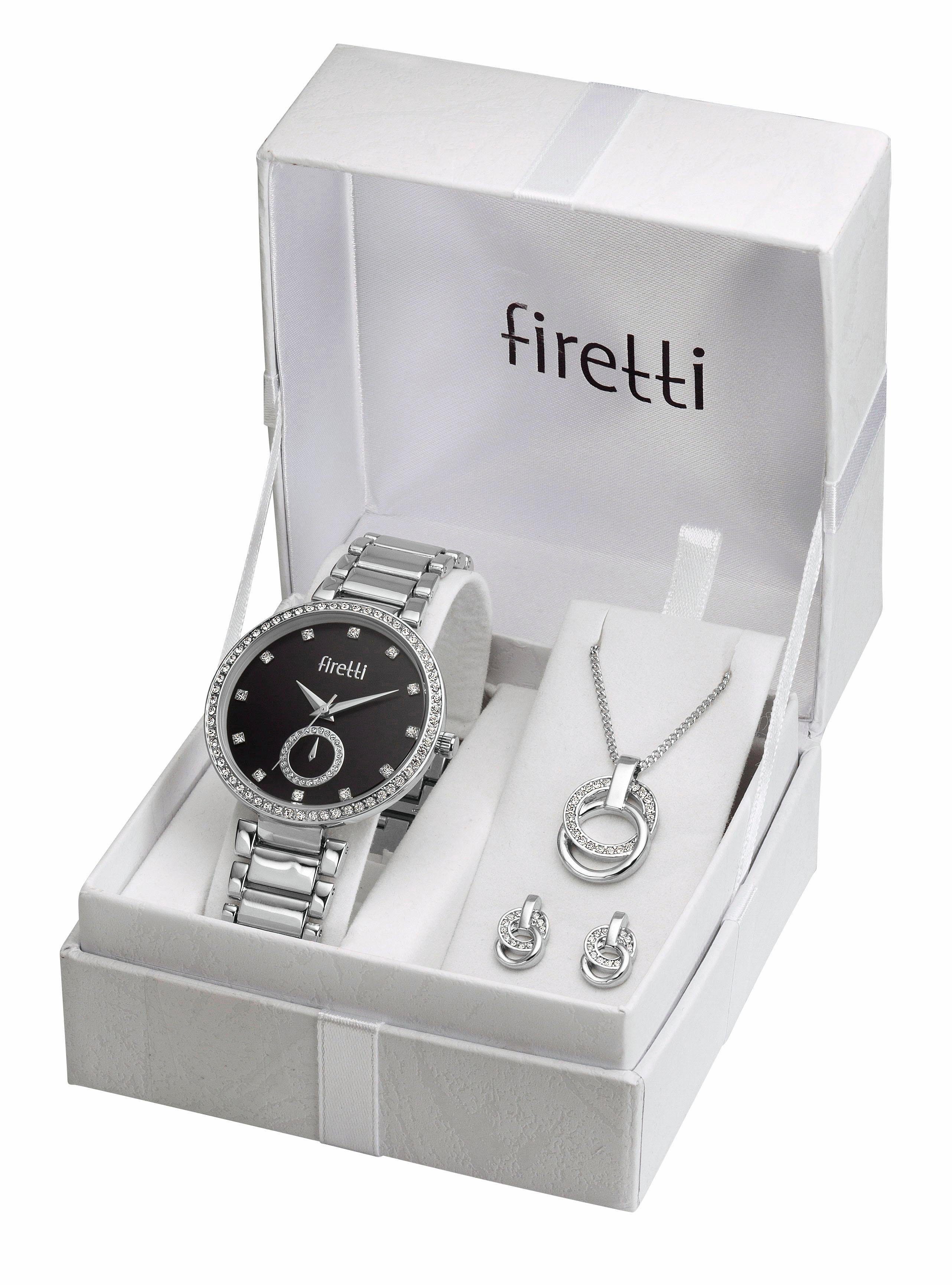 Firetti Quarzuhr, (Set, 4-tlg., inkl. Ohrstecker und Kette mit Anhänger), Armbanduhr, Damenuhr, Glassteine, ideal auch als Geschenk