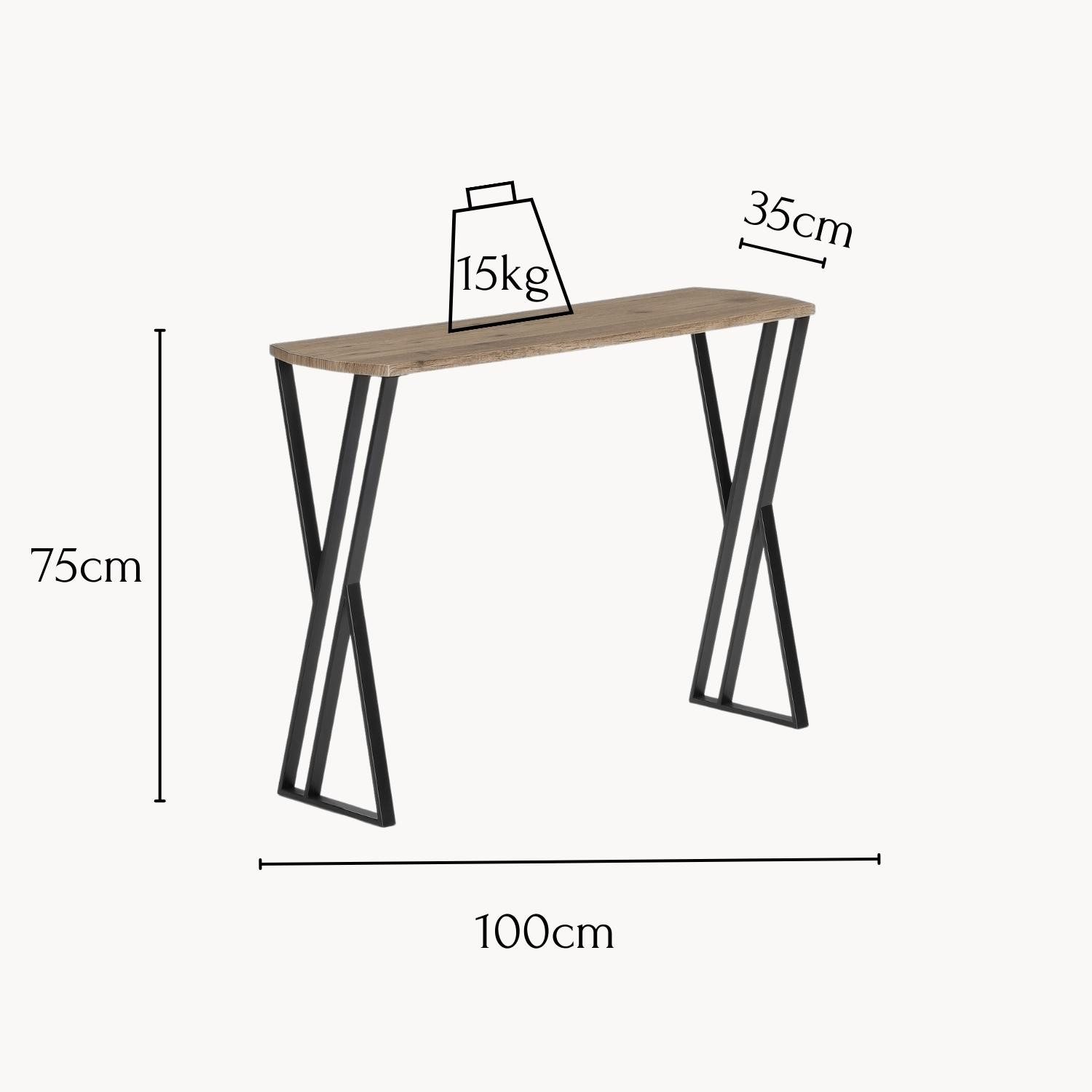 Wohnando Couchtisch Konsolentisch Metall "Eros", braunes Piniendekor, 100x30x75, schwarze Metallbeine, Ablagetisch Flur, Wohnzimmer Sideboard