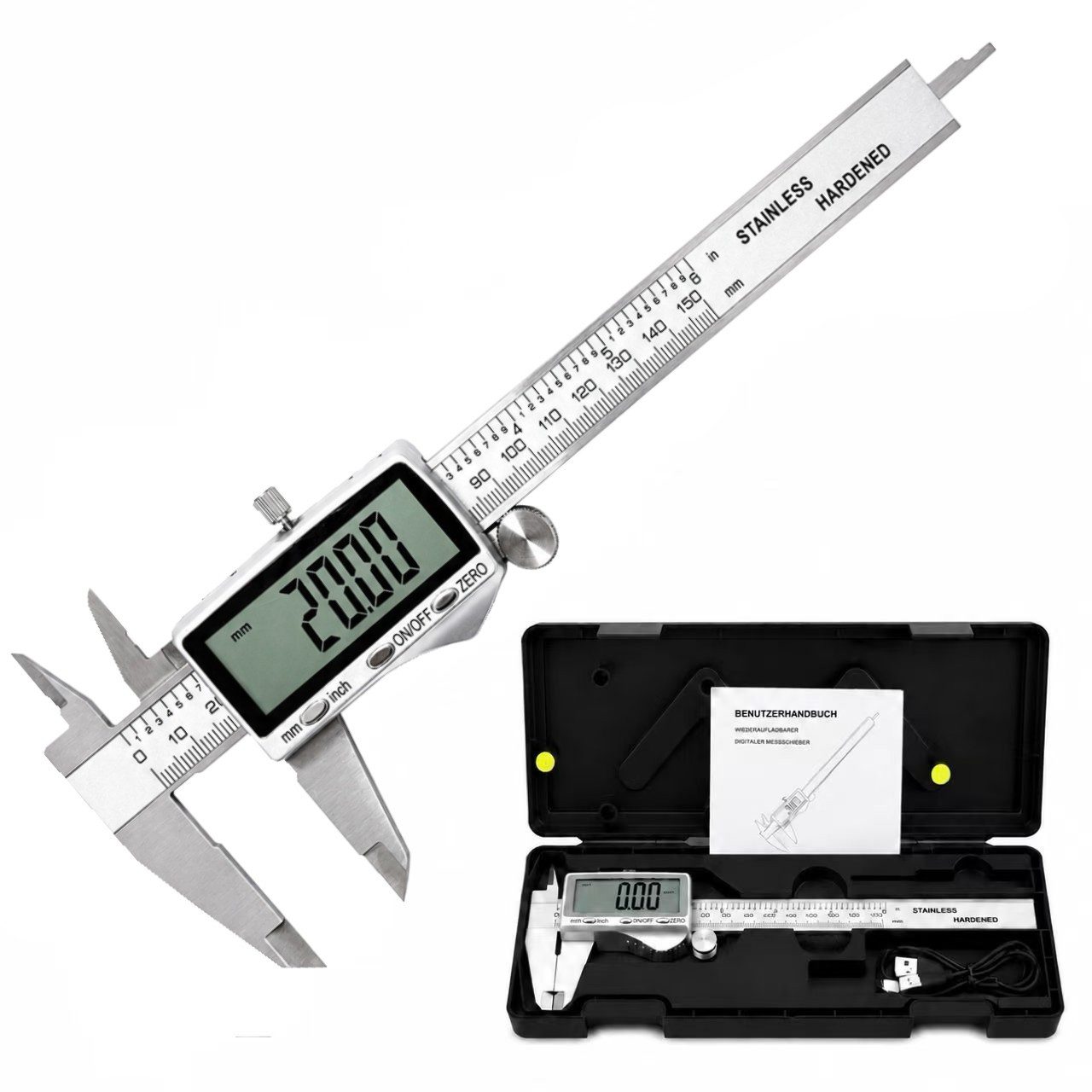 SOFTWEARY Messschieber 150 mm aus Edelstahl, Digital Messslehre mit LCD Display, Schieblehre 2 Modi