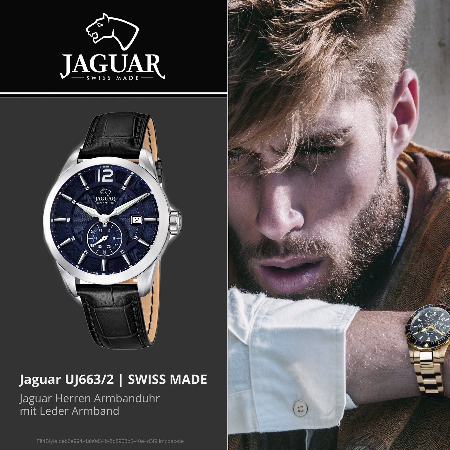 JAGUAR Quarzuhr Jaguar Herren Uhr Elegant, rund, Herren Armbanduhr J663/2, Elegant Leuchtzeiger schwarz, Lederarmband Quarz