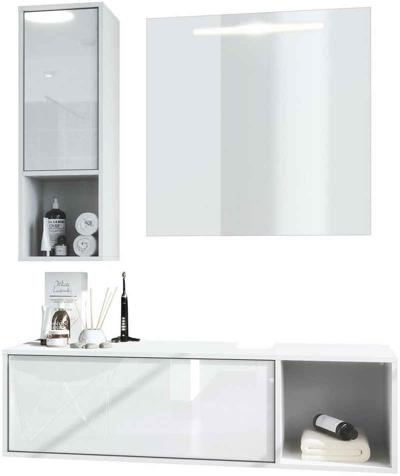 Vladon Badmöbel-Set La Costa, (Badezimmer-Set mit 1 Hängeschrank, 3-St., 1 Unterschrank und 1 LED-Spiegel), Korpus Weiß matt/Fronten Weiß Hochglanz (126,5 x 195 x 46 cm)
