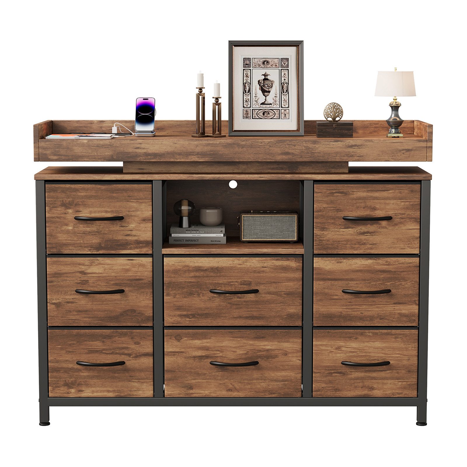 FUROKOY TV-Schrank Kommode mit 8 Schubladen aus Stoff (Fernsehschrank Sideboard Metallgestell, Industrie-Design) für Schlafzimmer Wohnzimmer Flur, 108 x 30 x 82cm