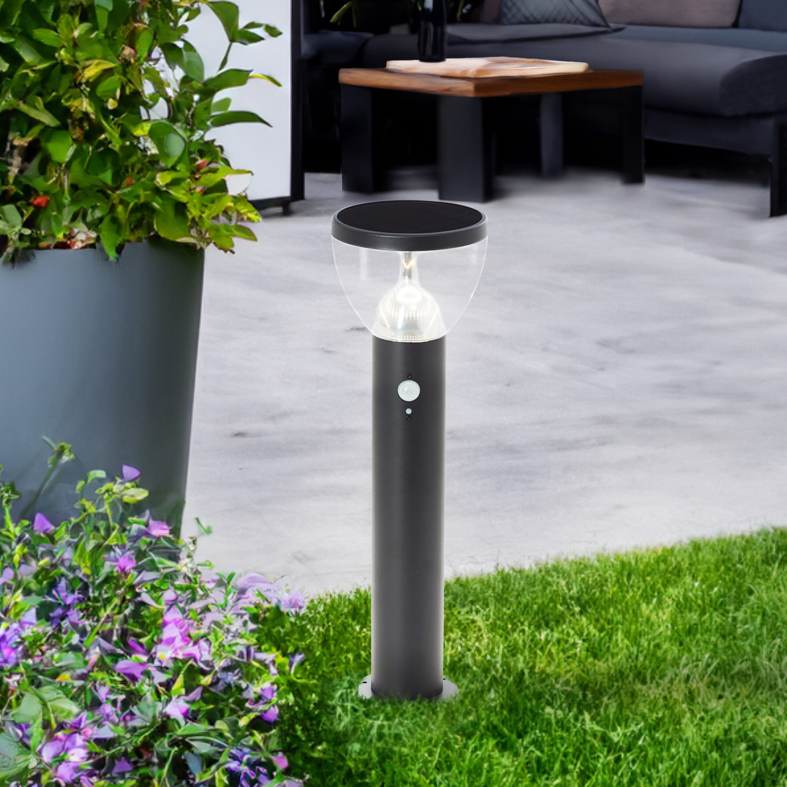 Brilliant LED Sockelleuchte Tulip, Bewegungsmelder, LED fest integriert, Warmweiß, LED Außenleuchte, Solar, 52 cm, 430 lm, 3000 K, Edelstahl, schwarz