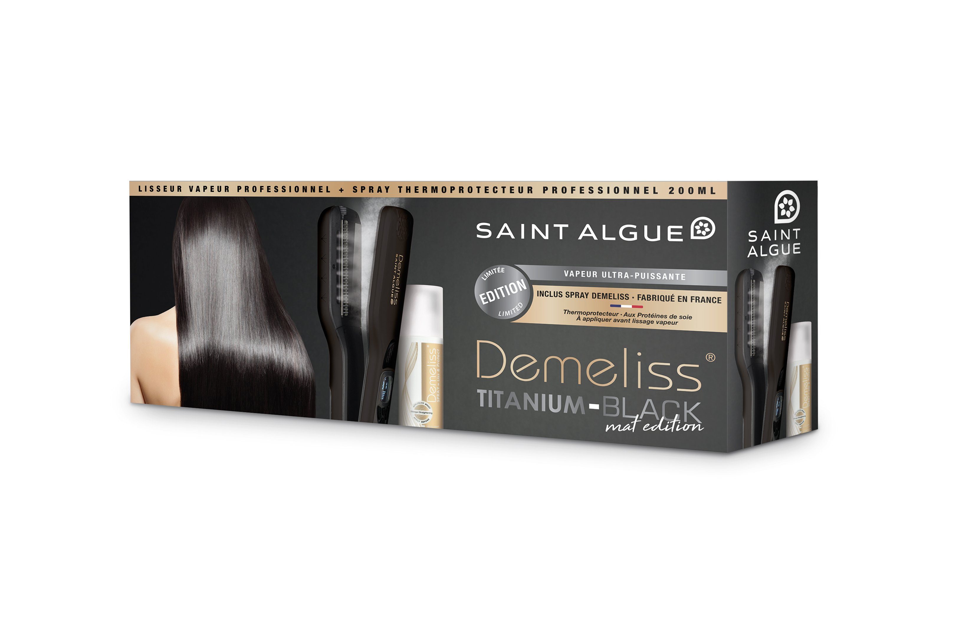 Demeliss Saint Liss&Protect DEMELISS Aluminiumplatten, Inklusive matt Titanium Edition Glätteisen titanbeschichtete SPRAY Algue Black 200ml Demeliss