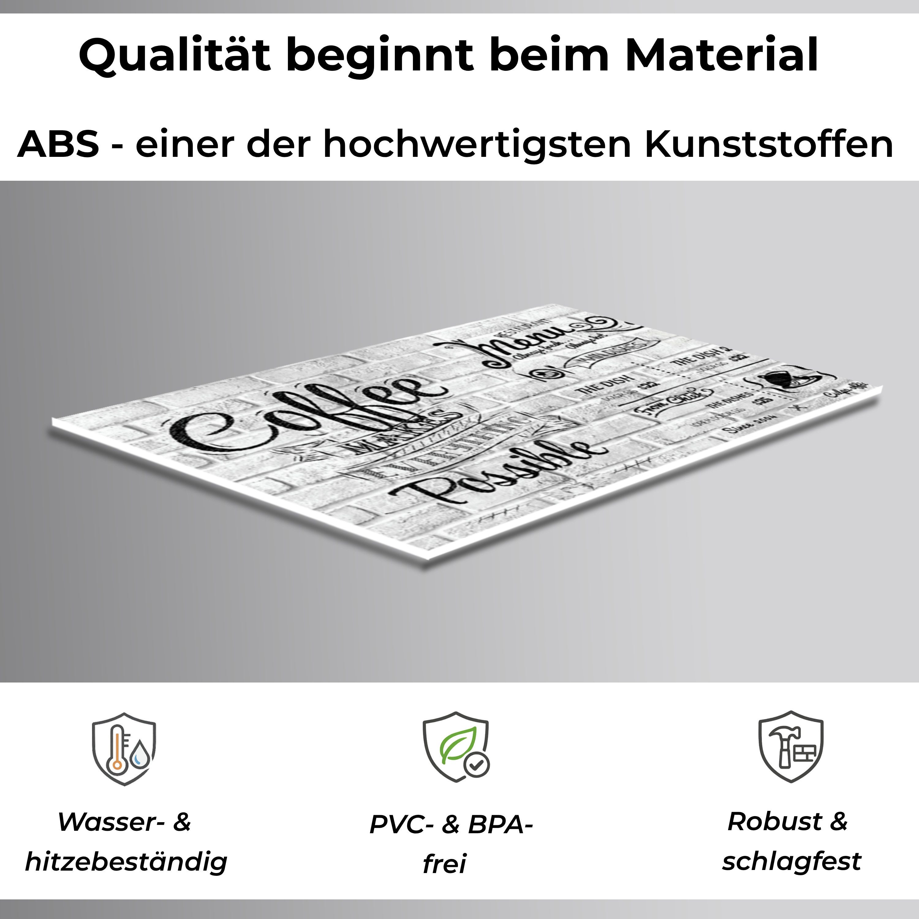 Rodnik Küchenrückwand Coffee Menu, monolithische ABS-Platte mit Direktdruck, formstabil und langlebig
