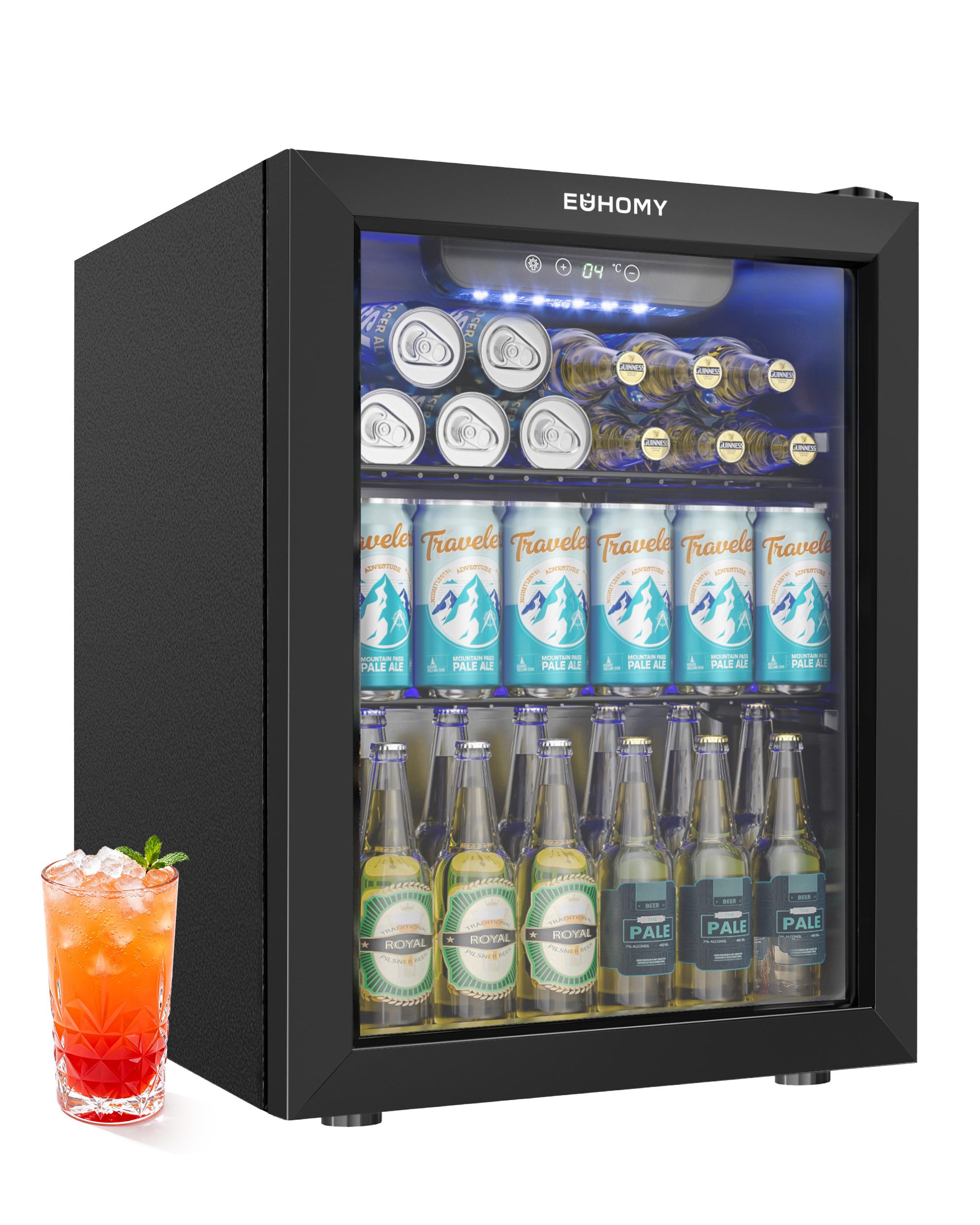 EUHOMY Getränkekühlschrank 48L für 68 Dosen, Leiser Bierkühler mit LED & Digitalanzeige BR001-60, 57.5 cm hoch, 43.2 cm breit, für Home Bar, Büro, Schlafzimmer & Gaming Room
