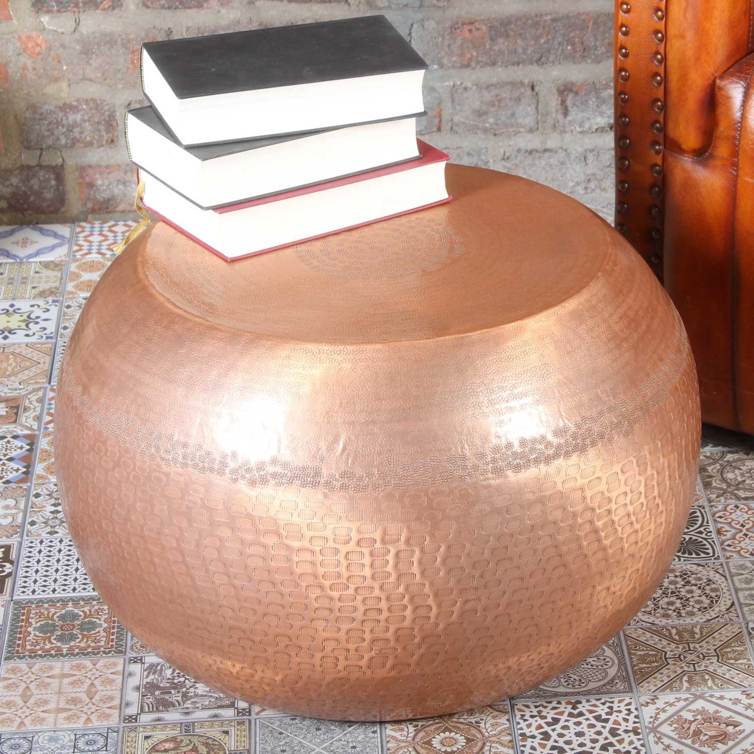 Casa Moro Höhe Orientalischer 1 55cm Hocker Beistelltisch 35cm Tisch), Couchtisch Kupfer rund ein Hammerschlag, mit Aluminium aus Yara Ø Sofatisch (Couchtisch Luxus
