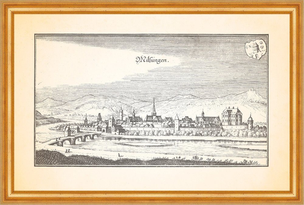 Kunstdruck Milsungen Melsungen Zweipfenningsbrücke Eulenturm Jagdschloß Merian 00