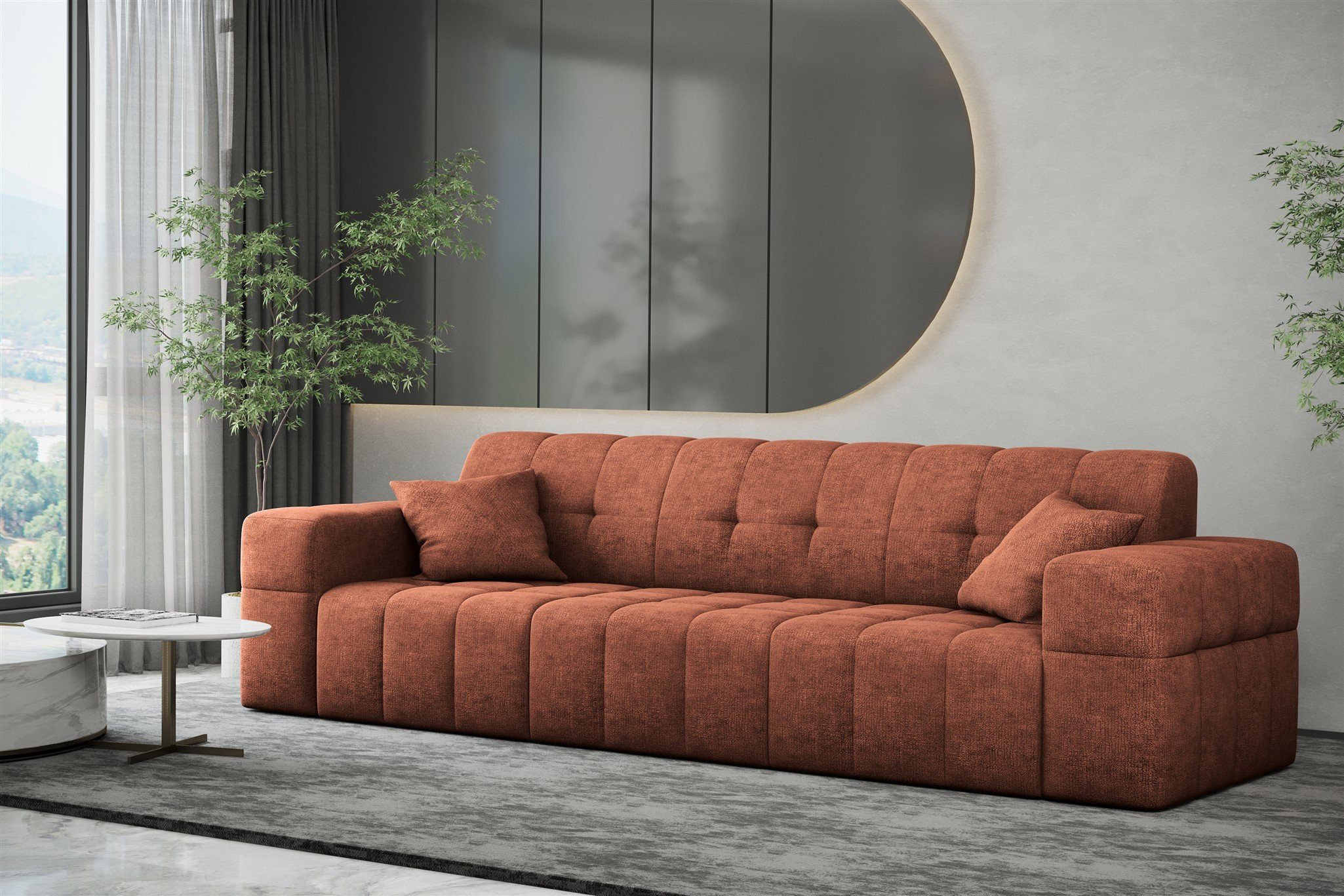 in 3-Sitzer Sofa Designer-Sofa Stoff NANCY Harmony, Fun Möbel Sofa Rostbraun Rundumbezug