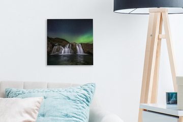 OneMillionCanvasses® Leinwandbild Nordlicht - Wasserfall - Island - Natur, (1 St), Leinwand Bilder für Wohnzimmer Schlafzimmer